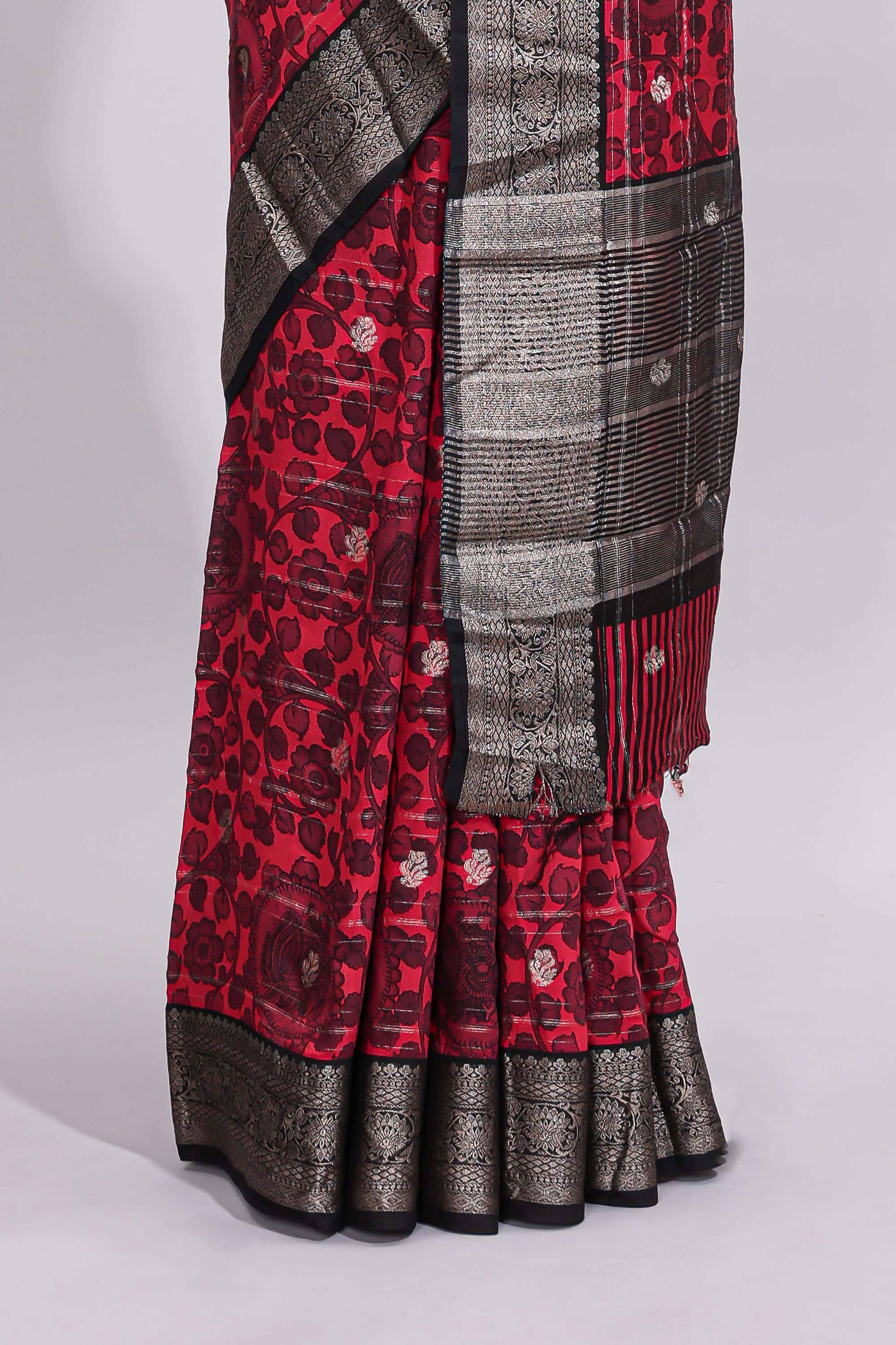 Pink floral design zari motifs assam silk saree with contrast zari border matching striped blouse