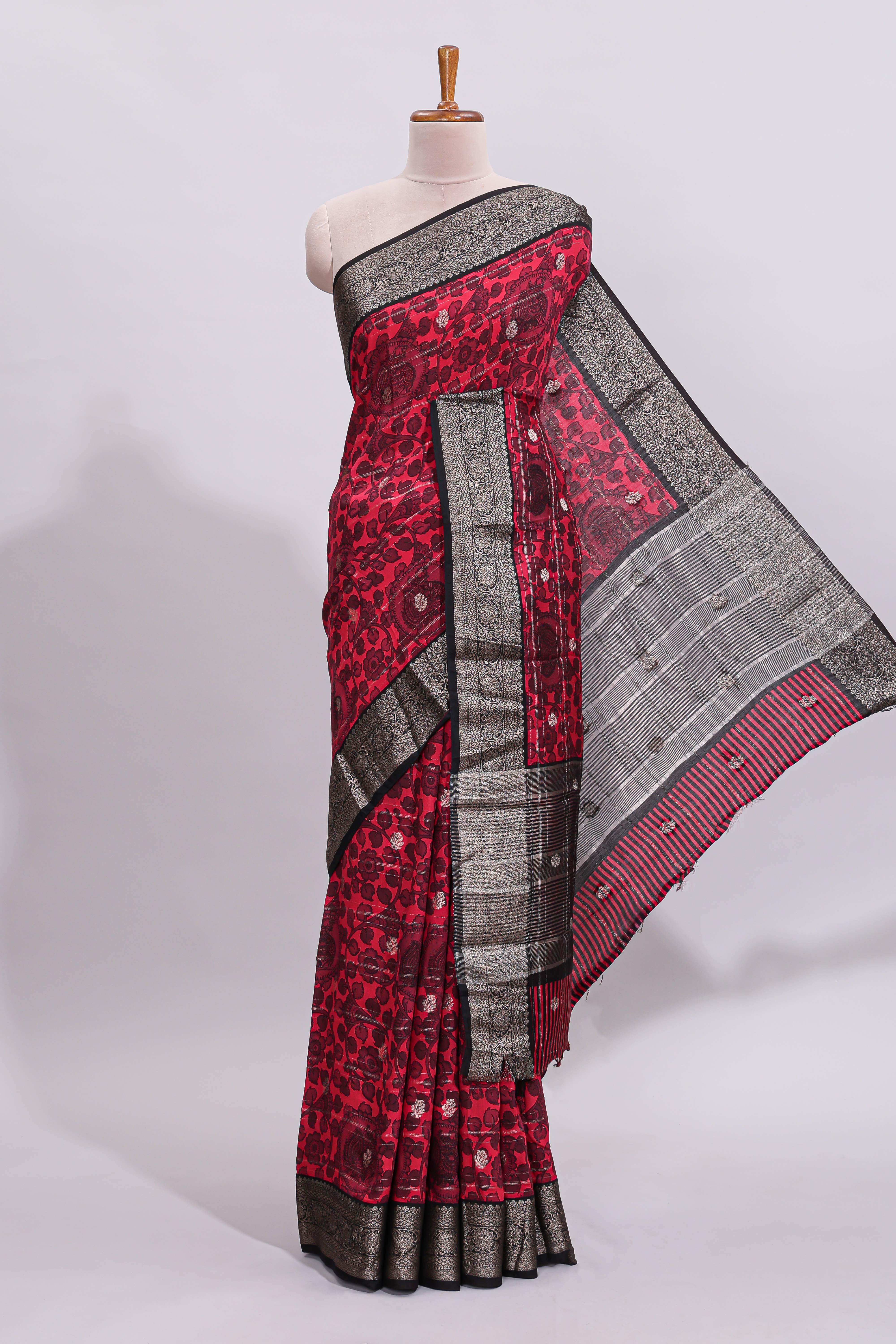 Pink floral design zari motifs assam silk saree with contrast zari border matching striped blouse