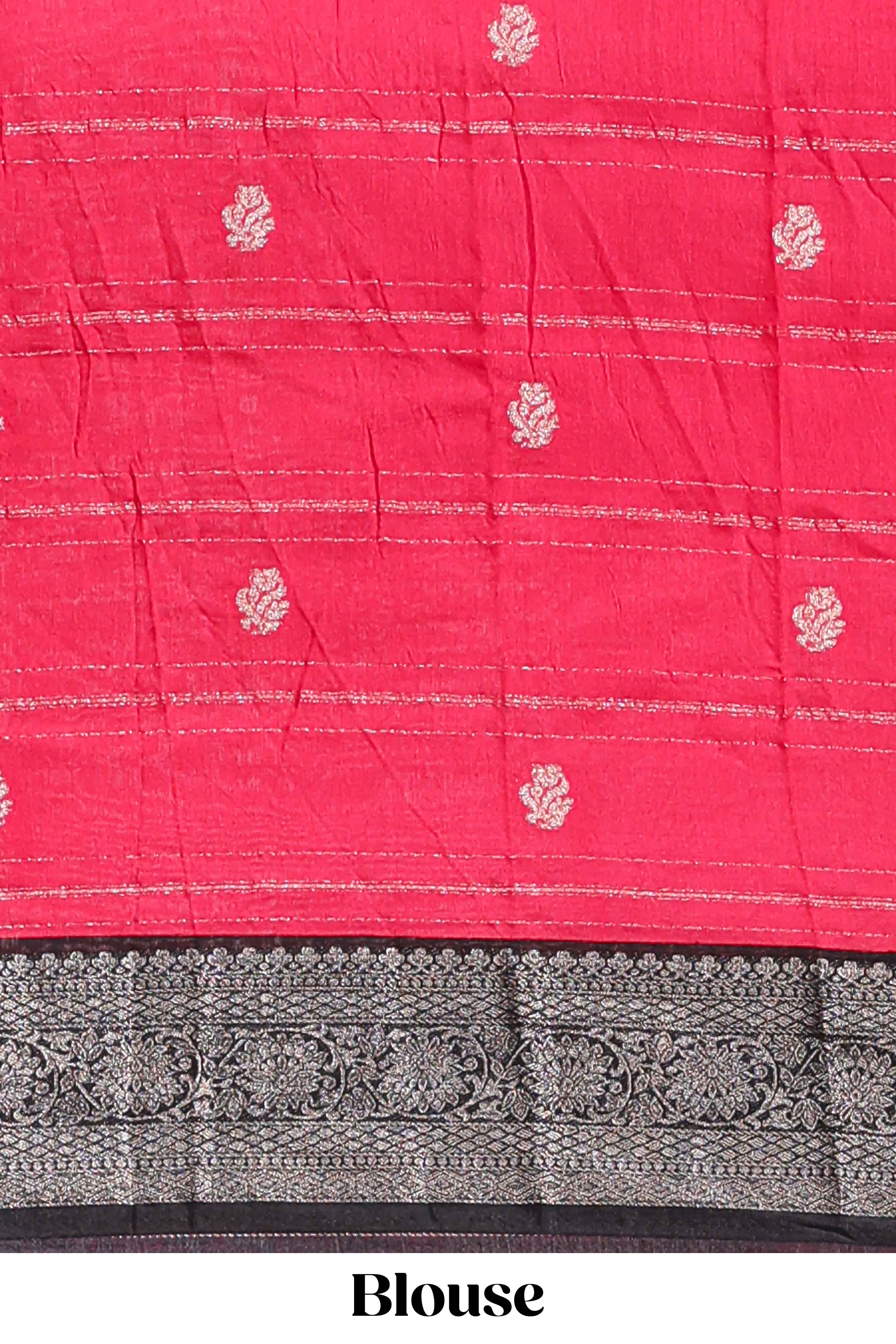 Pink floral design zari motifs assam silk saree with contrast zari border matching striped blouse
