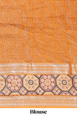 Cream floral design zari striped assam silk saree with contrast zari border and printed blouse