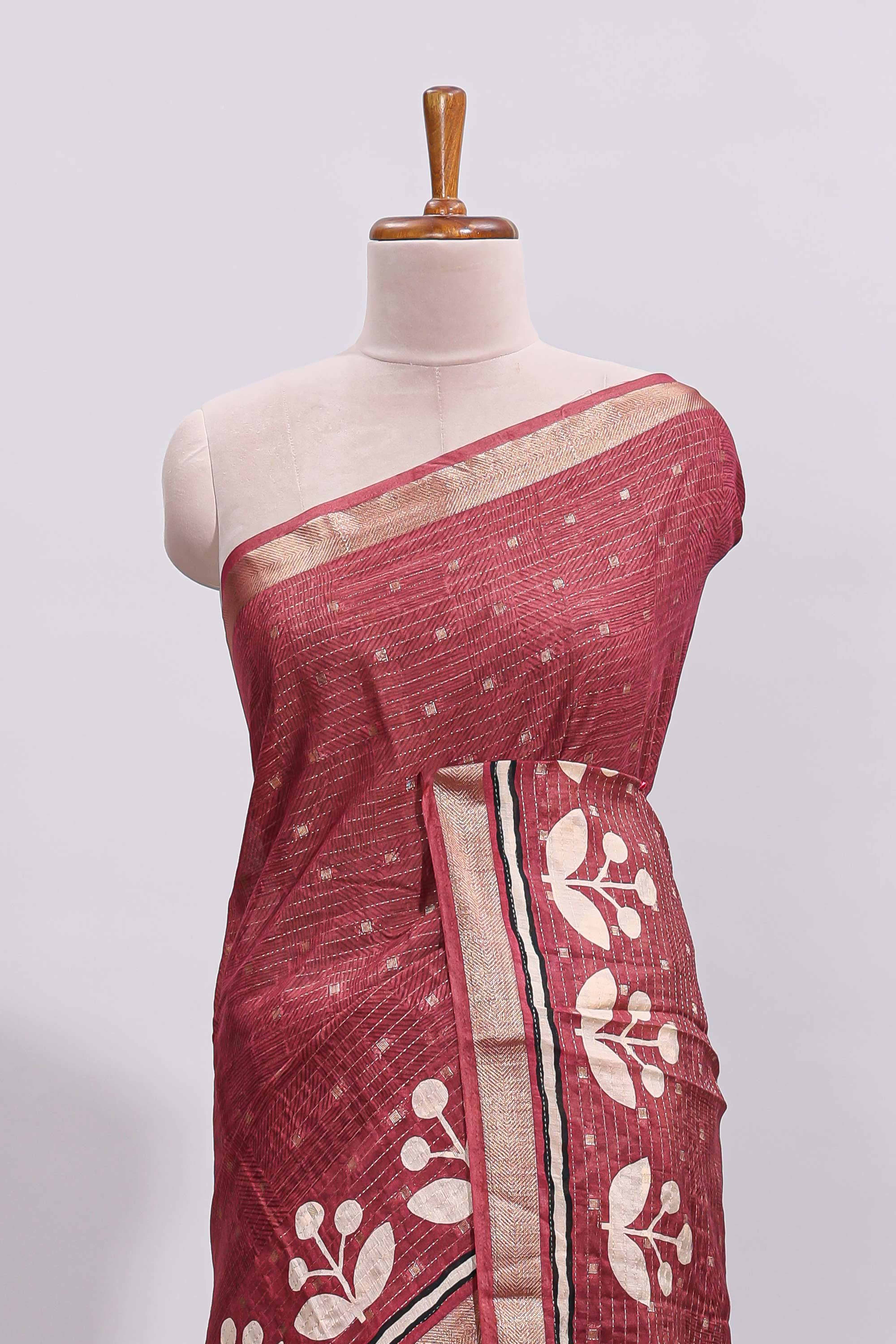 Onion pink zari striped floral design assam silk saree with self zari border and matching motifs blouse