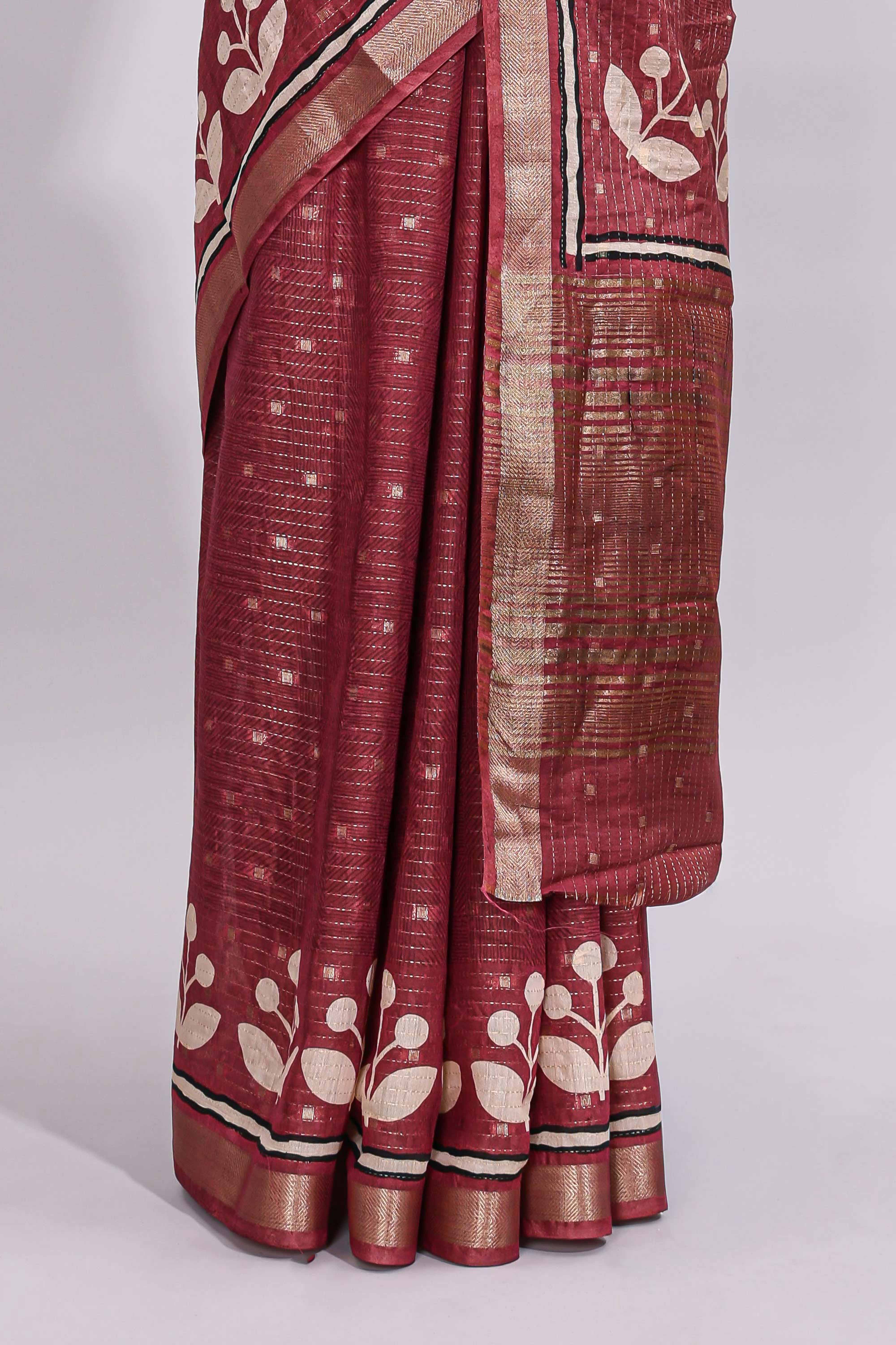 Onion pink zari striped floral design assam silk saree with self zari border and matching motifs blouse