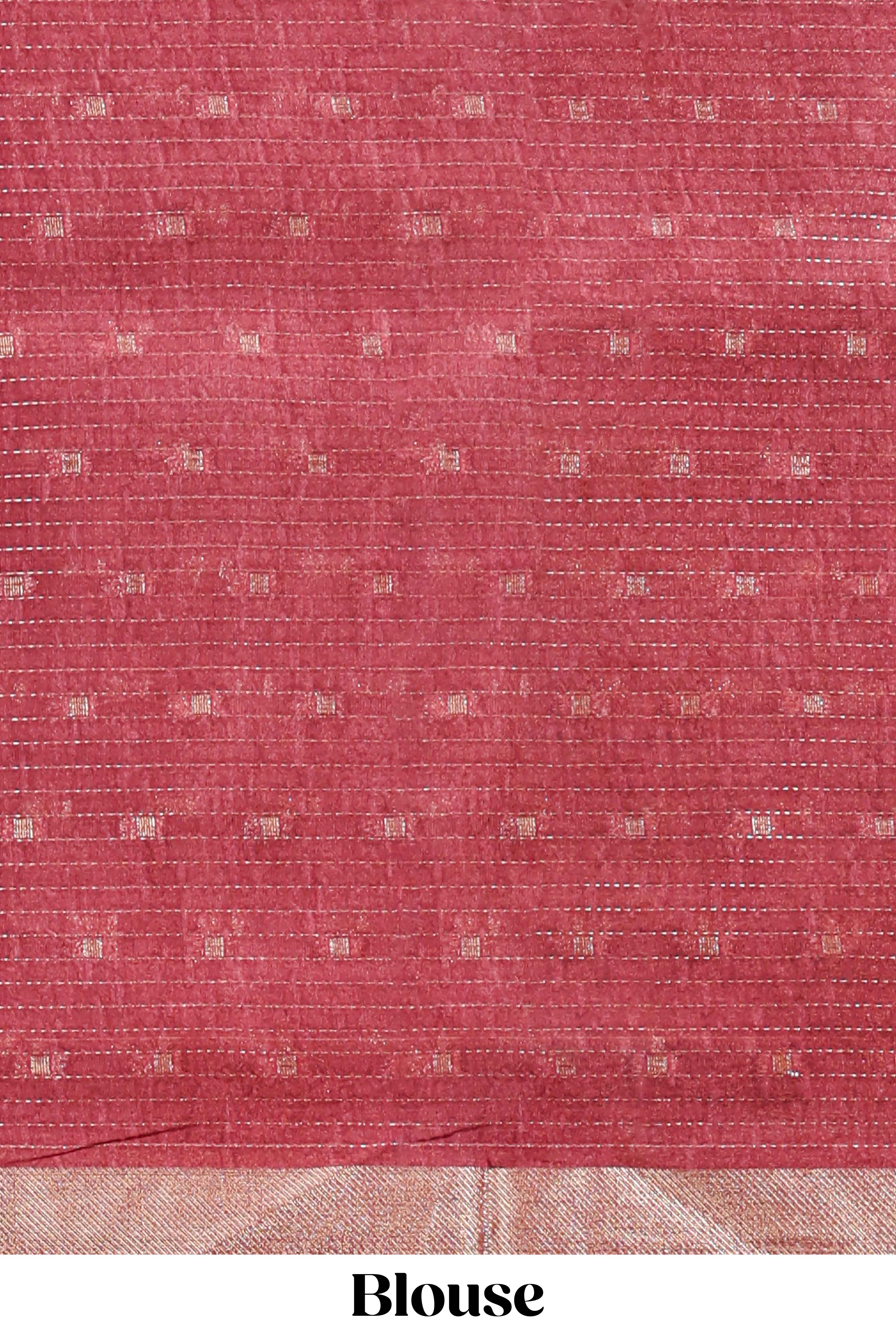 Onion pink zari striped floral design assam silk saree with self zari border and matching motifs blouse