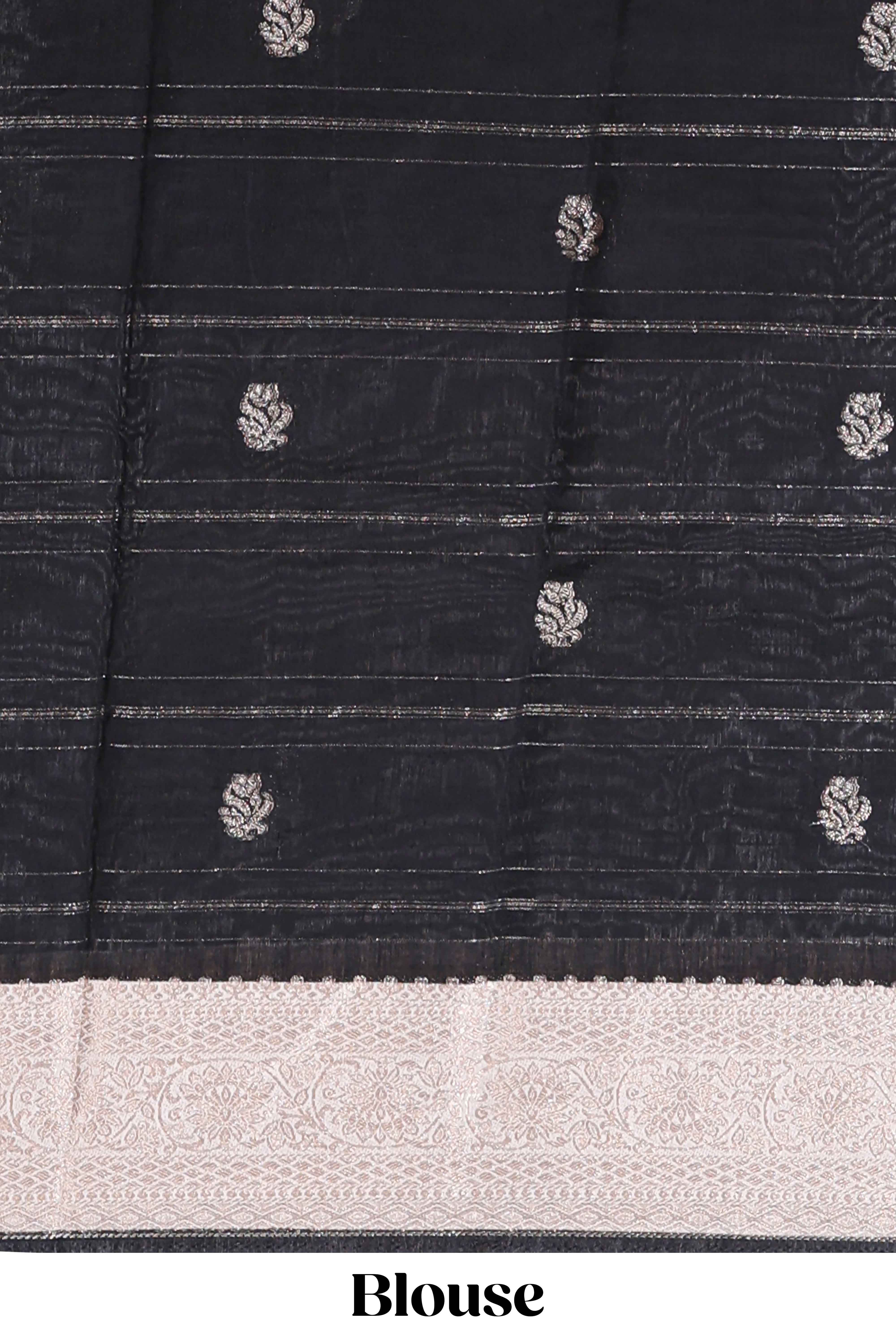 Off white striped zari motifs design assam silk saree with self zari border and contrast motifs blouse