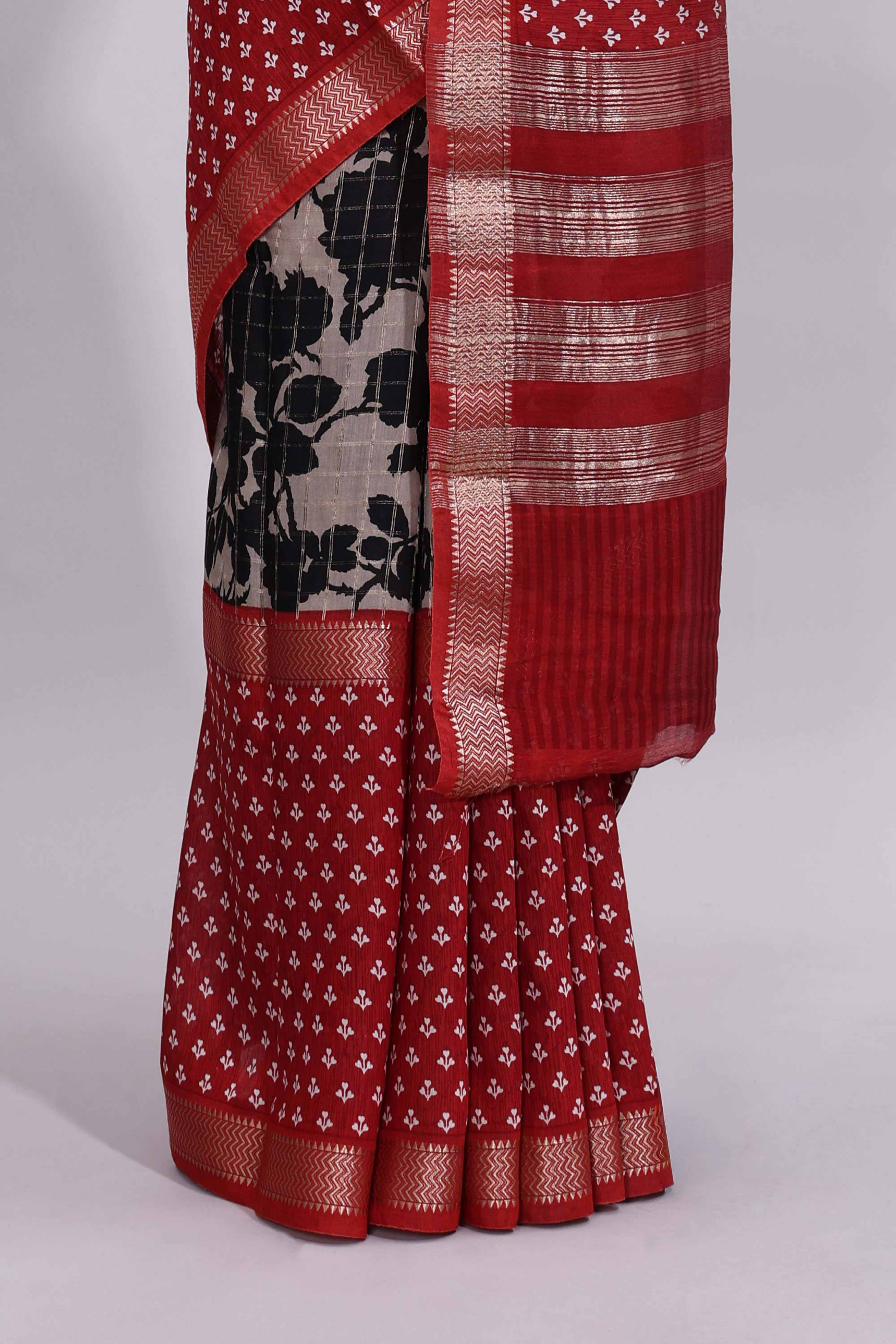 Grey checked zari floral design assam silk saree with contrast zari border and motifs blouse