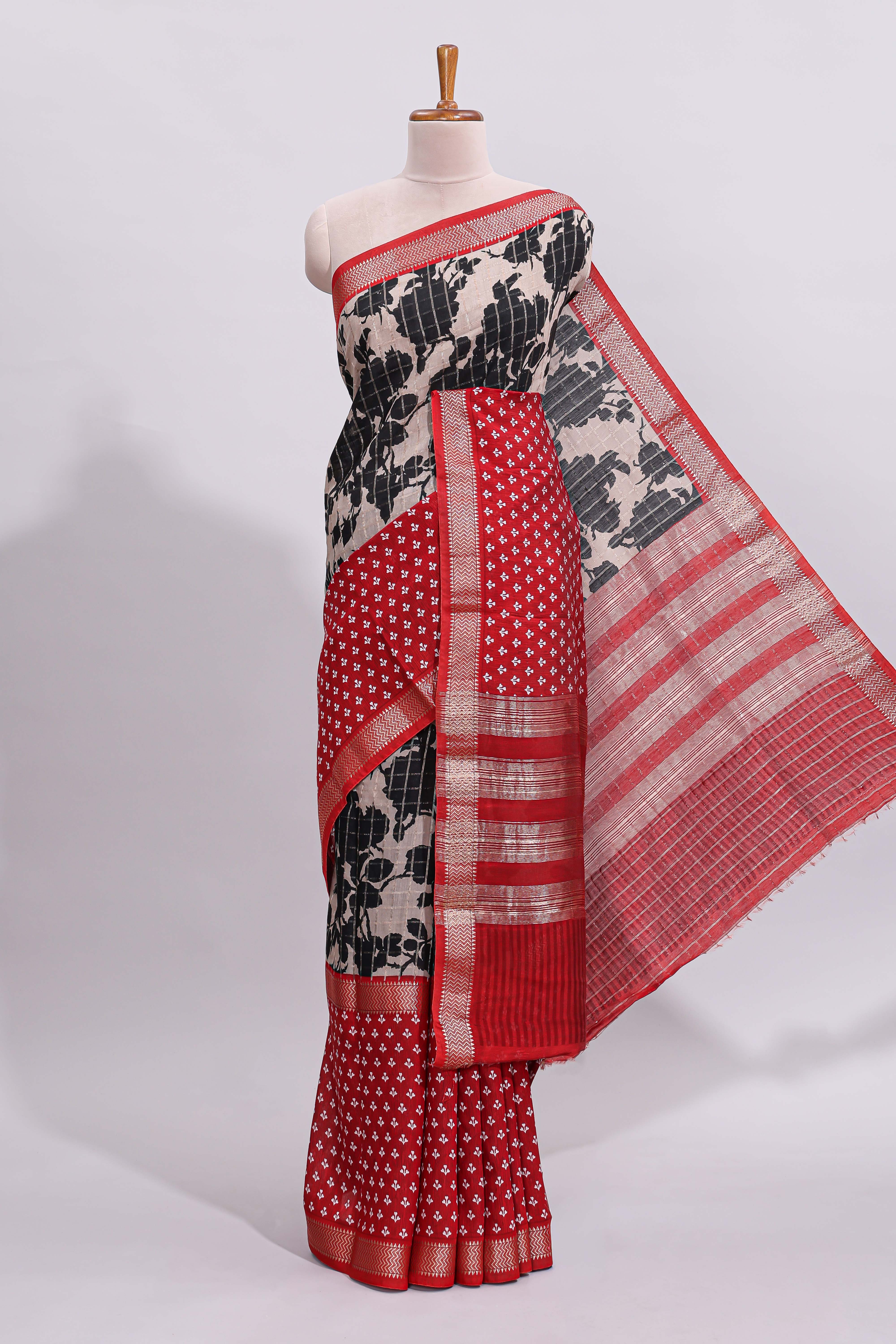 Grey checked zari floral design assam silk saree with contrast zari border and motifs blouse