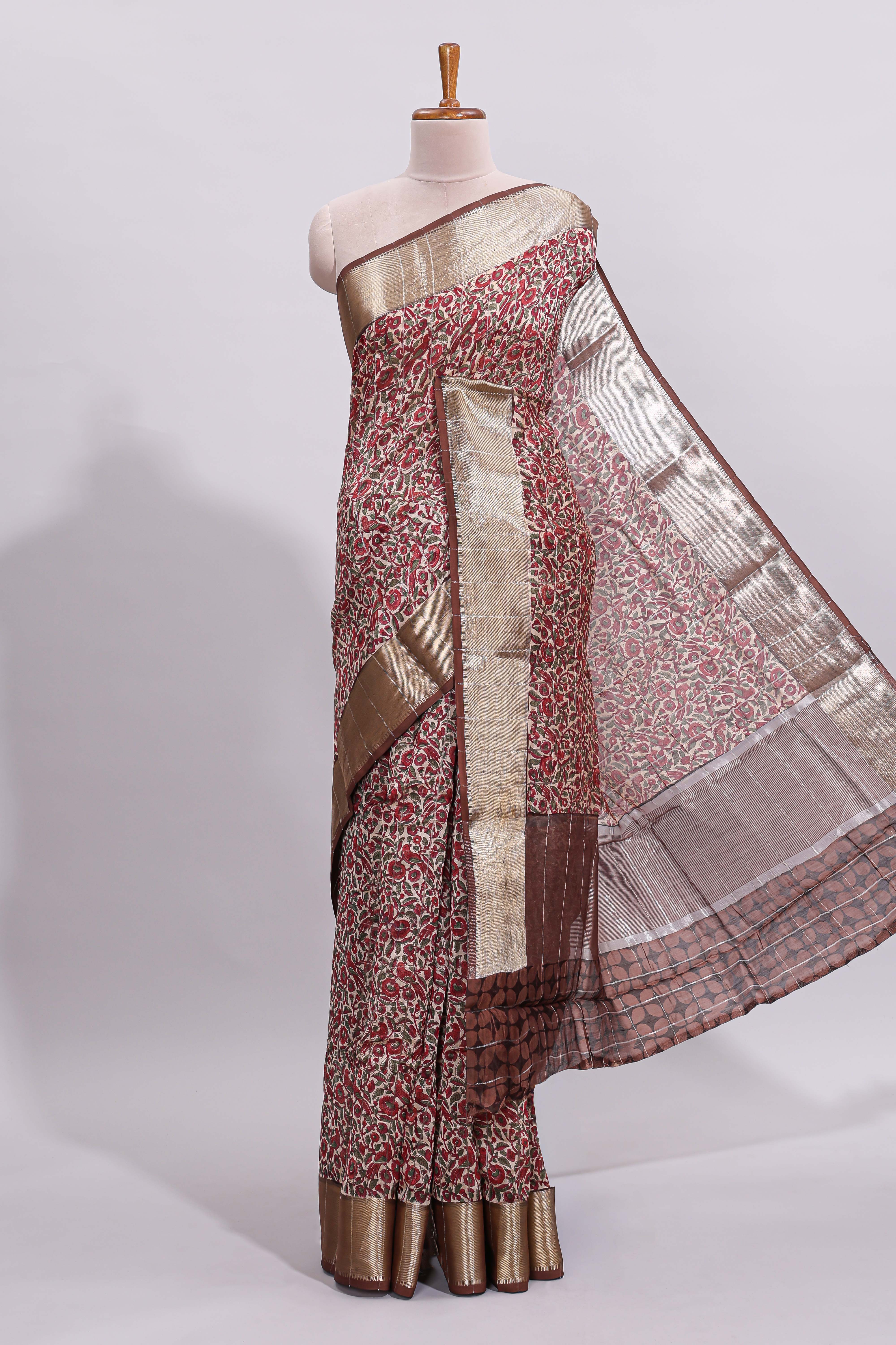 Beige checked floral design assam silk saree with contrast zari border and printed blouse