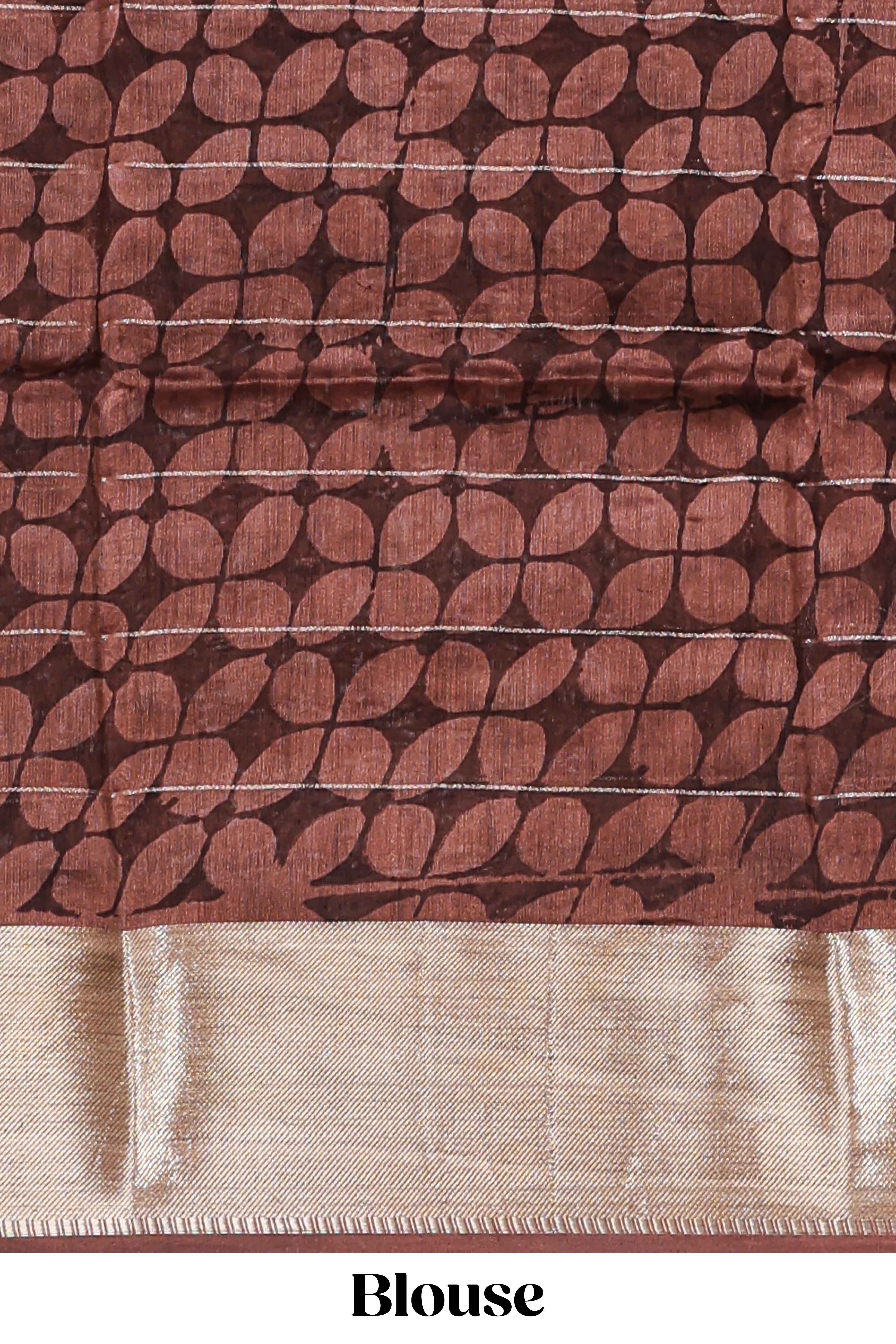 Beige checked floral design assam silk saree with contrast zari border and printed blouse