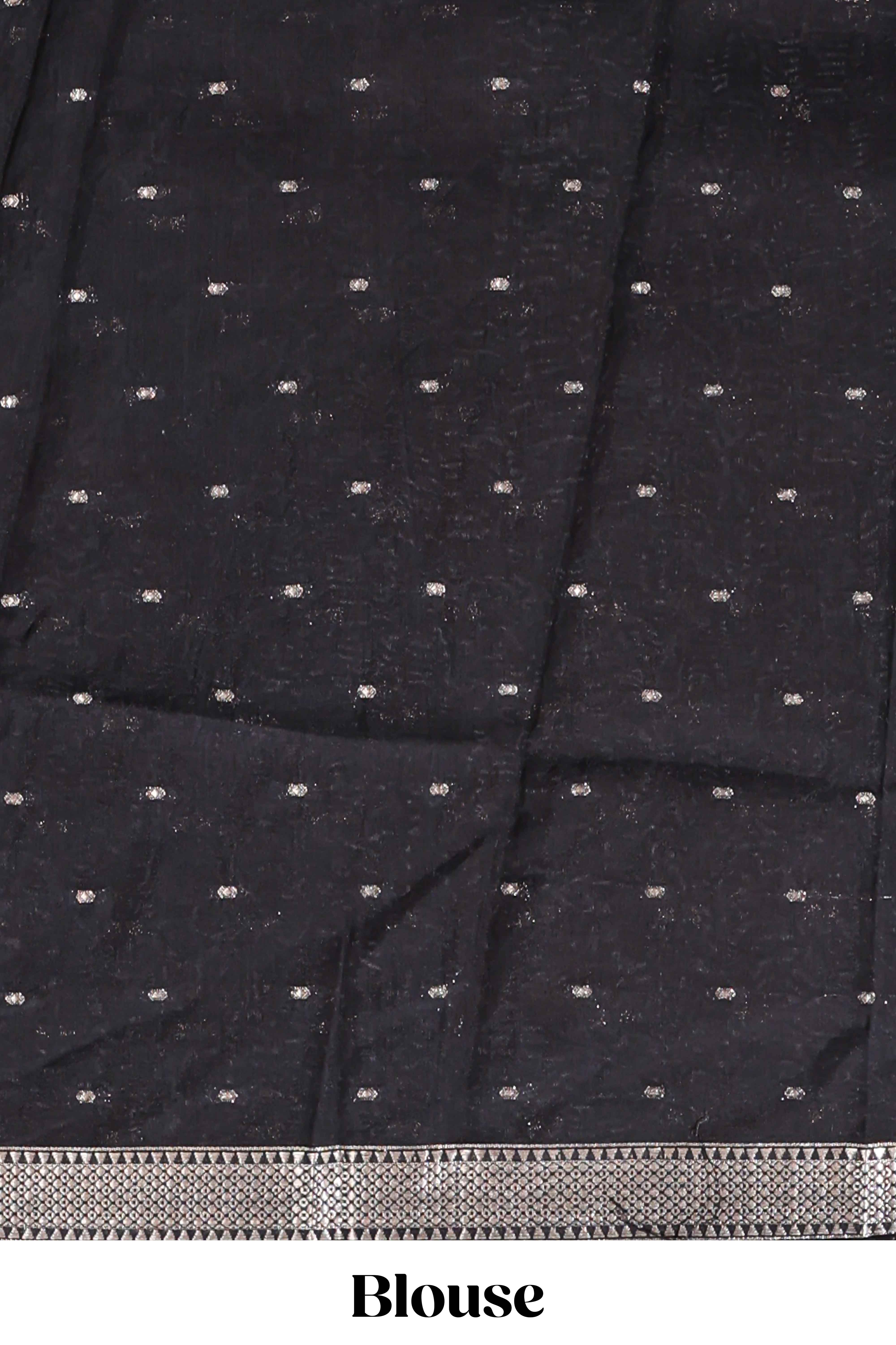 Black ikkat style floral design assam silk saree with self zari border and matching motifs blouse
