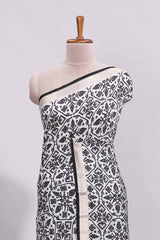 White ikkat style floral design assam silk saree with contrast zari border and motifs blouse