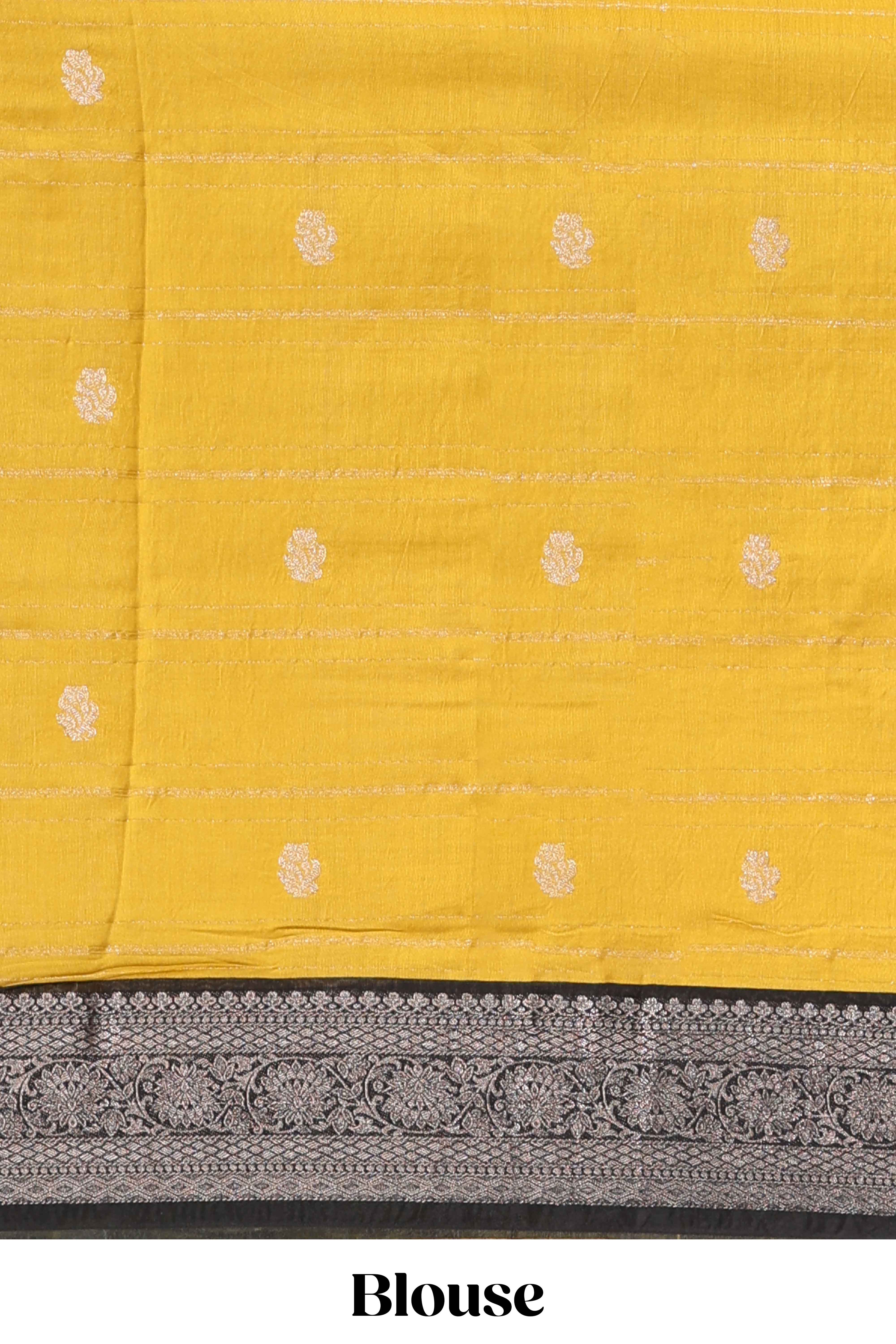 Yellow floral design assam silk saree with contrast zari border and matching motifs blouse