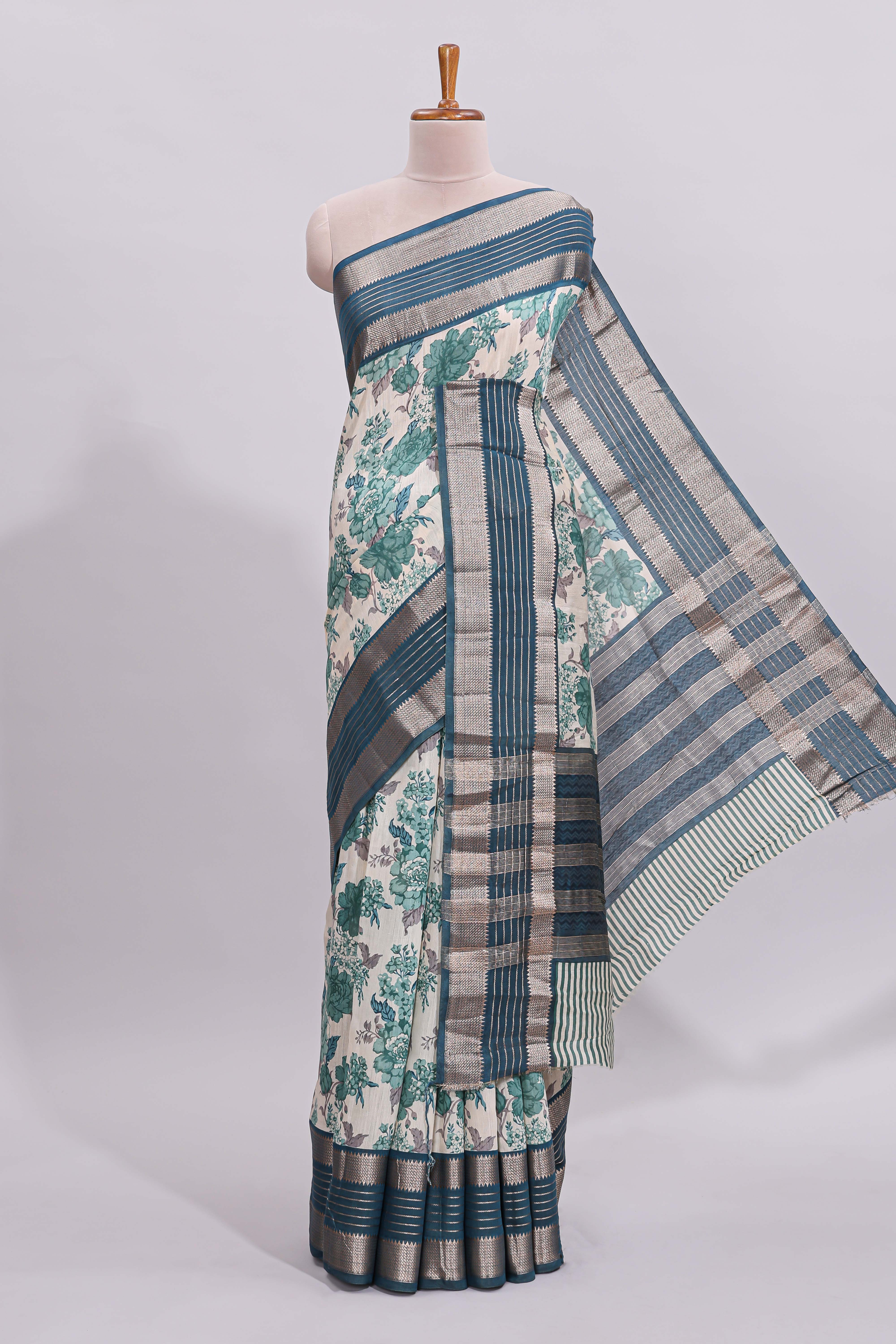 White floral design assam silk saree with contrast zari border and printed blouse