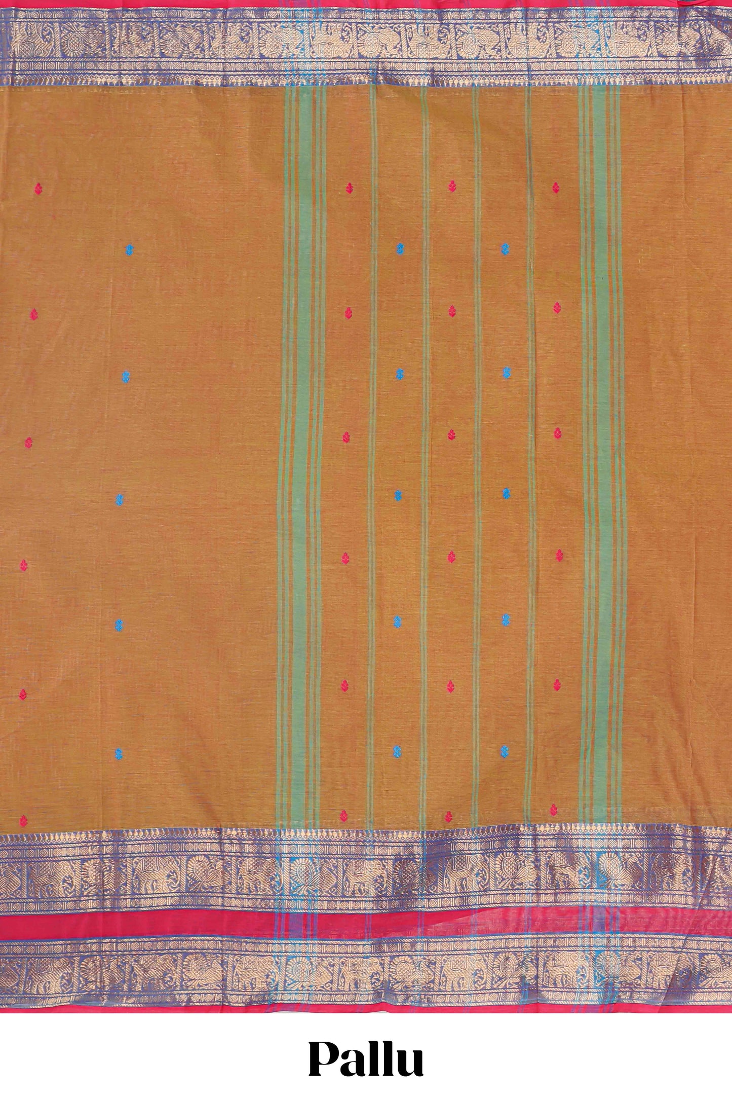 Brown butta bengal cotton saree with contrast bentex border and striped pallu