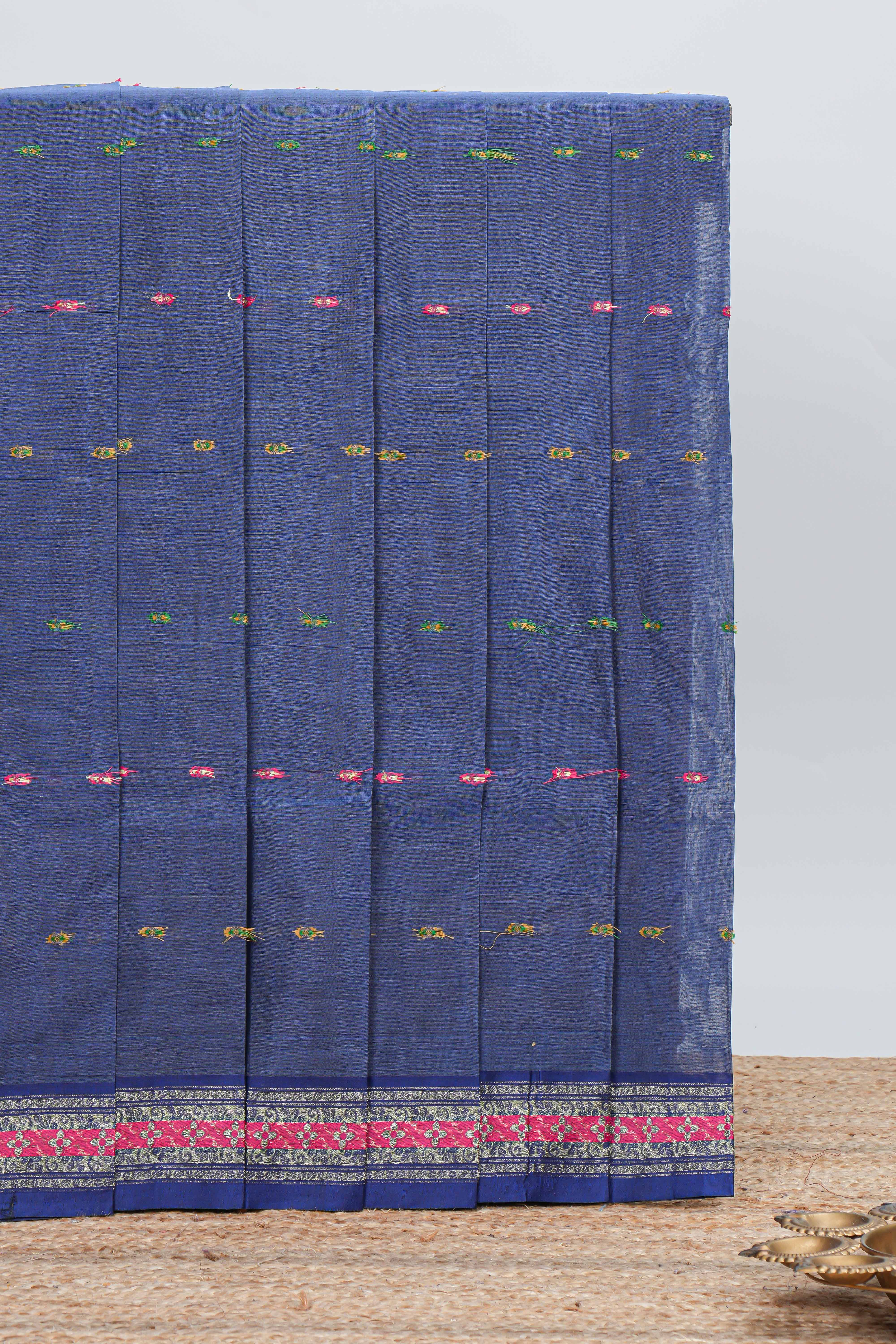 Royal blue butta bengal cotton saree with contrast bentex border and contrast pallu along with blouse piece