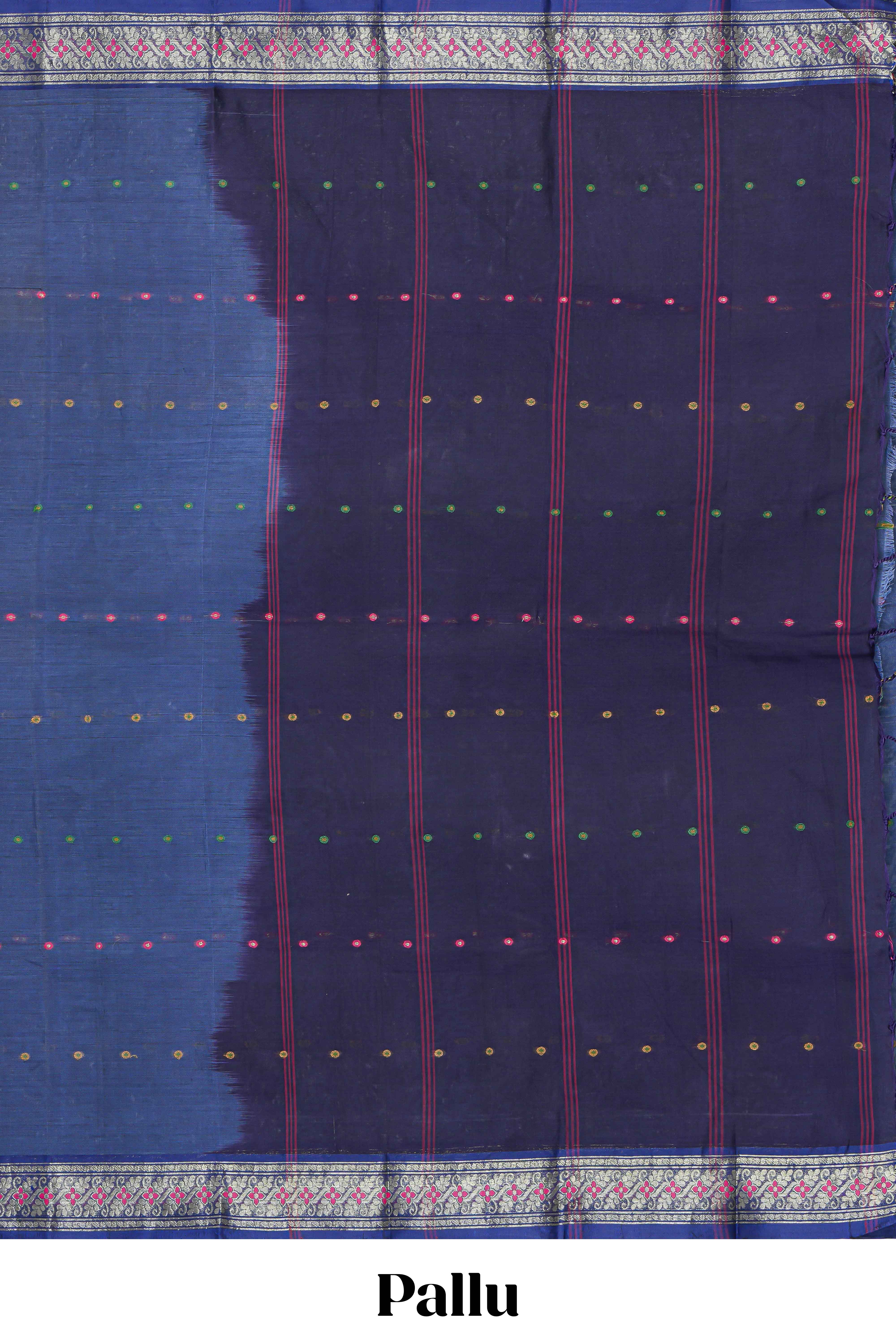 Royal blue butta bengal cotton saree with contrast bentex border and contrast pallu along with blouse piece