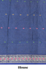 Royal blue butta bengal cotton saree with contrast bentex border and contrast pallu along with blouse piece
