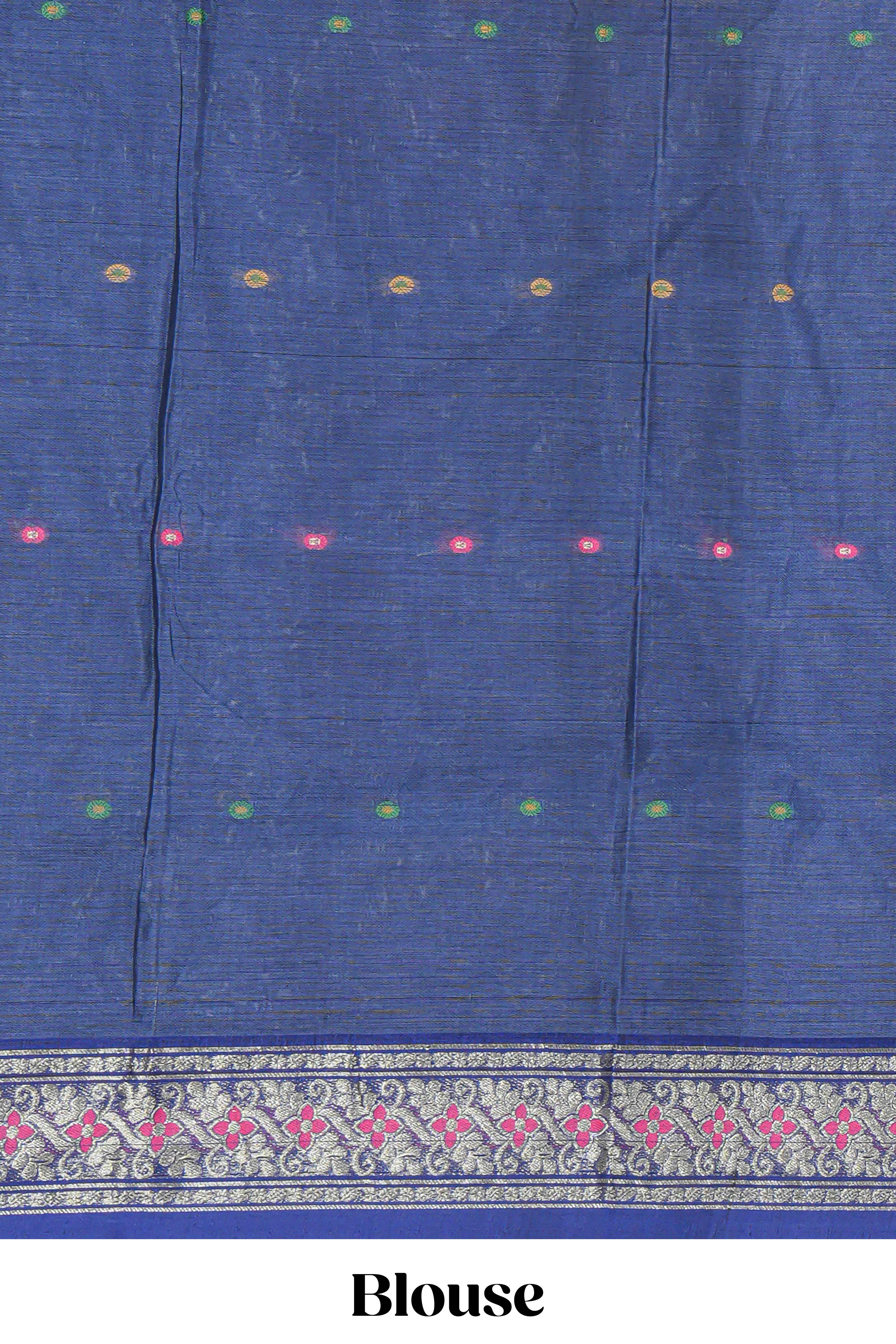 Royal blue butta bengal cotton saree with contrast bentex border and contrast pallu along with blouse piece