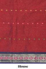 Red butta bengal cotton saree with contrast bentex border and contrast pallu along with blouse piece