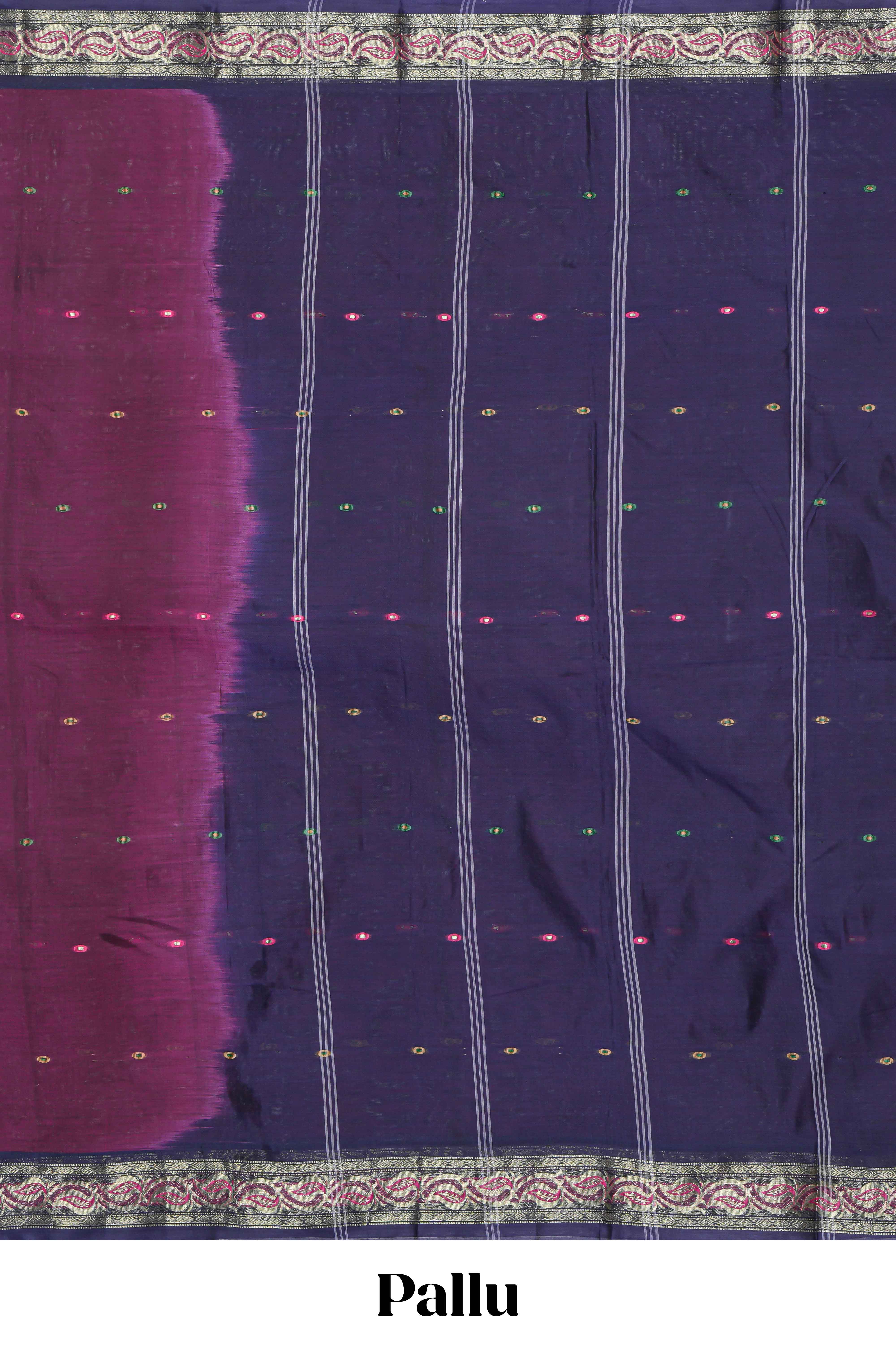 Violet colour bengal cotton saree with all over thread buttas contrast bentex border and contrast pallu along with blouse piece