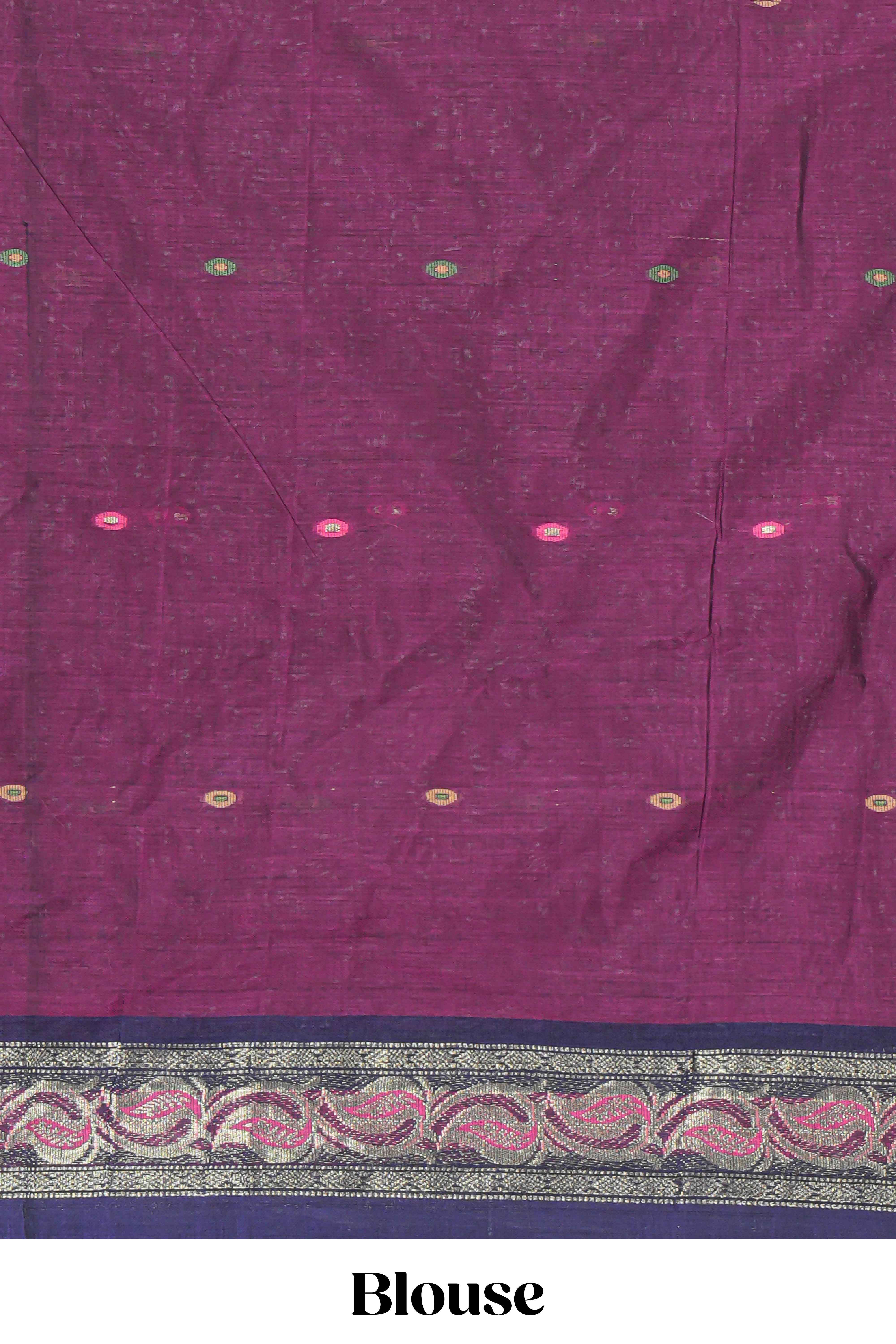Violet colour bengal cotton saree with all over thread buttas contrast bentex border and contrast pallu along with blouse piece