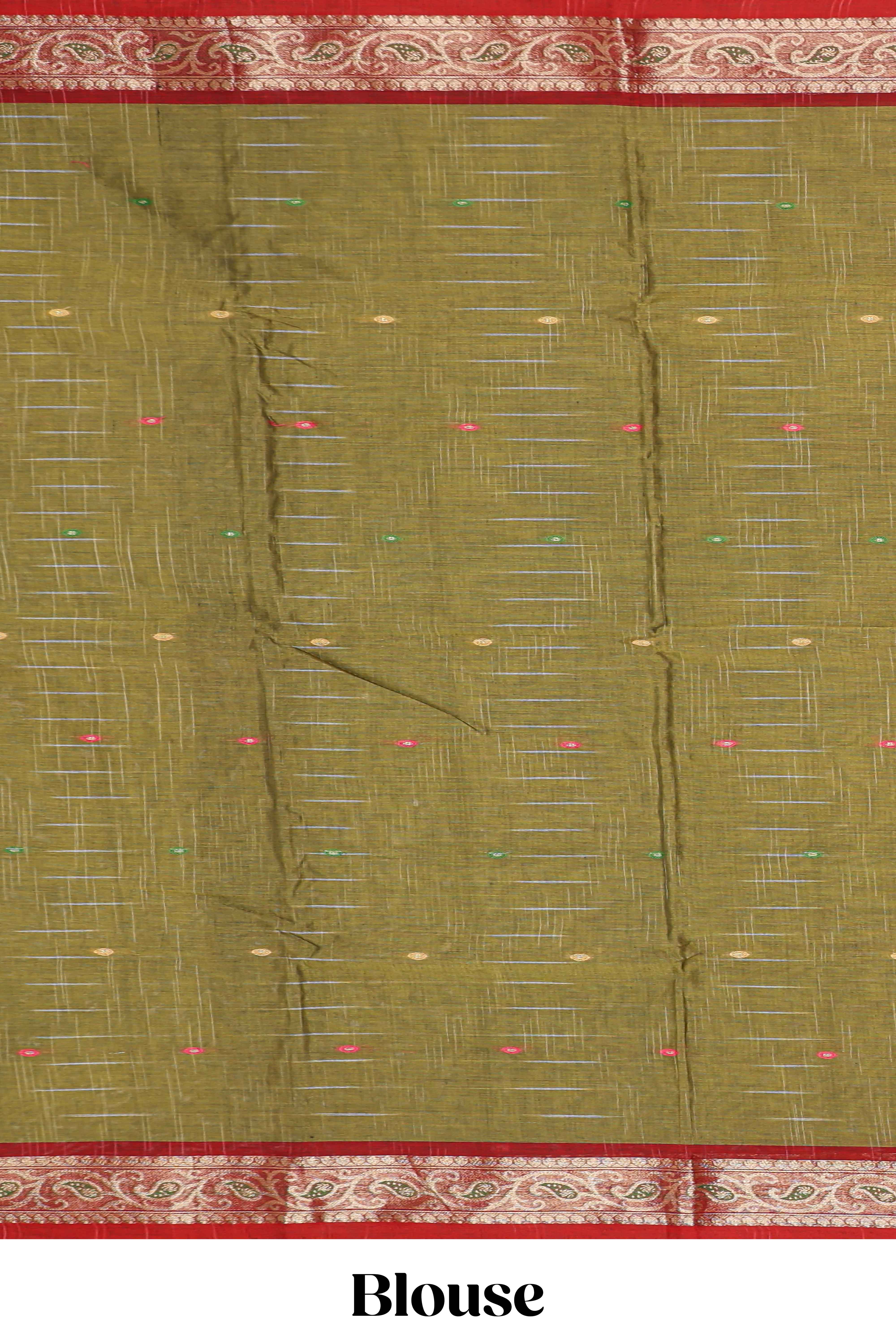 Olive green motifs design bengal cotton saree with contrast border and matching blouse