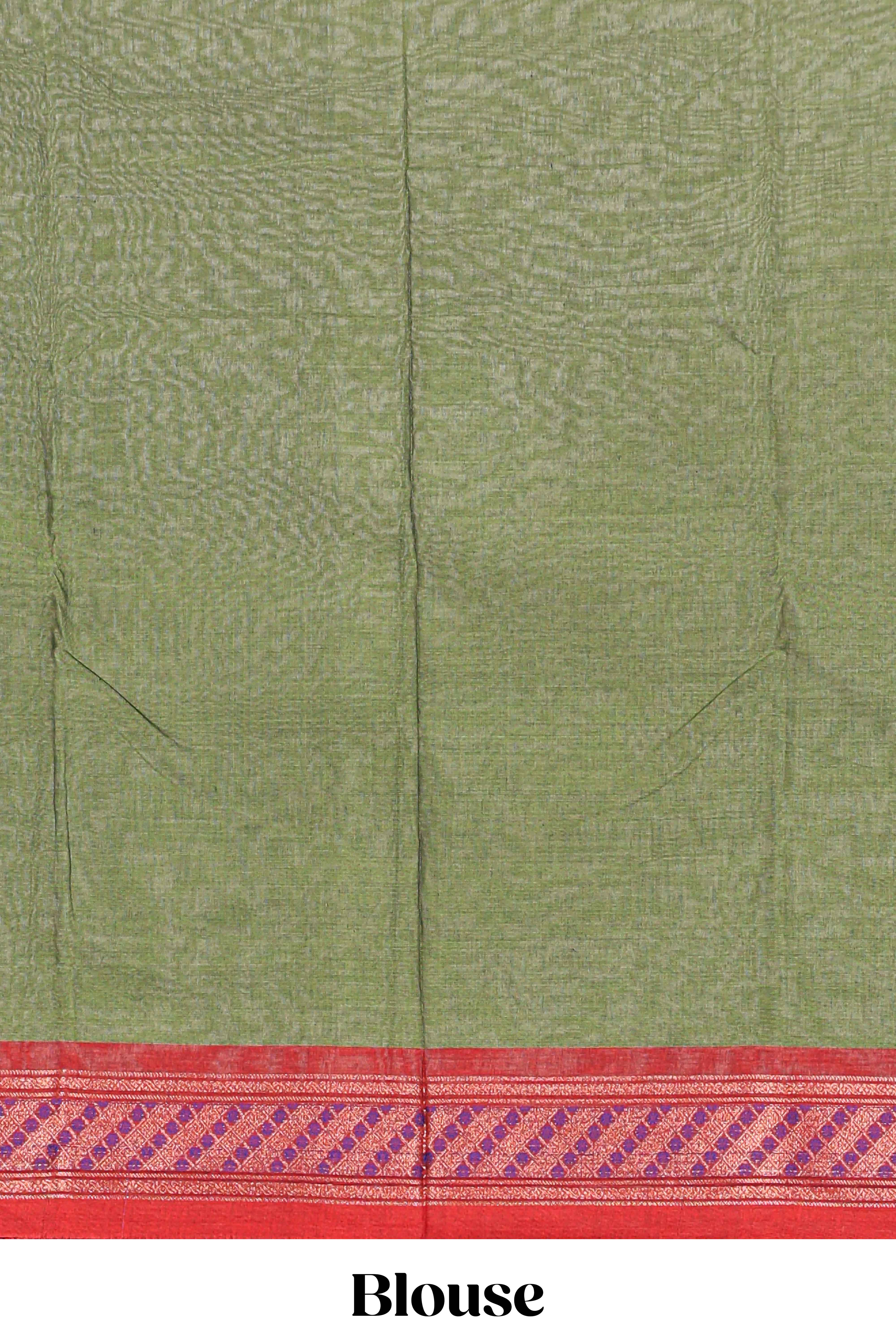 Green plain design bengal cotton saree with contrast border and matching blouse