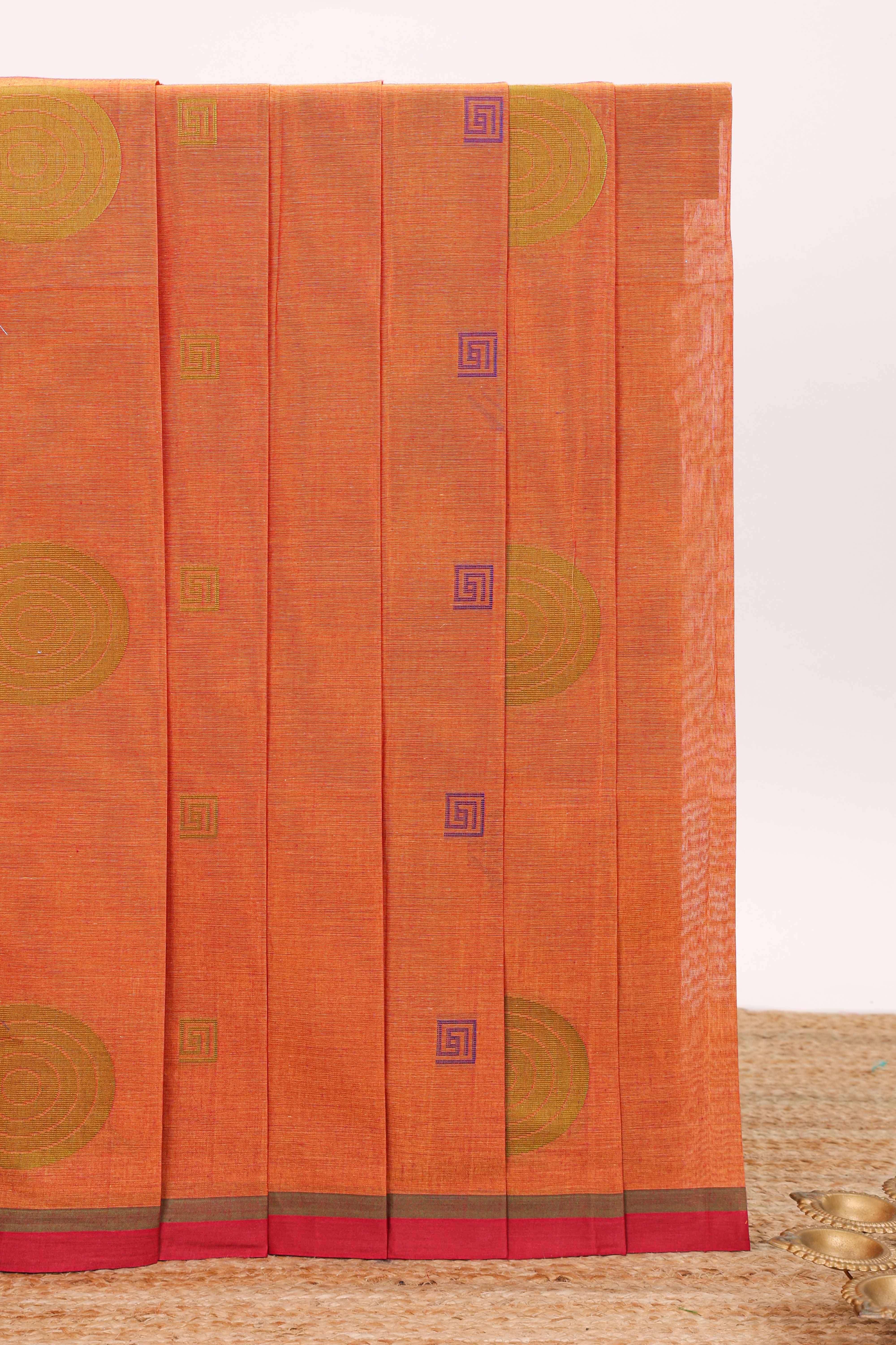 Orange geometric motifs design bengal cotton saree with contrast border and blouse