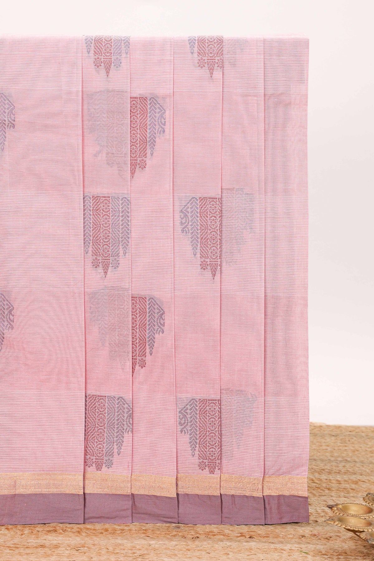 Powder pink motifs design bengal cotton saree with self border and matching blouse