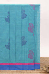 Blue floral motifs designed bengal cotton saree with contrast border and matching blouse