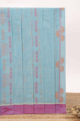 Light blue striped bengal cotton saree with contrast border and matching blouse