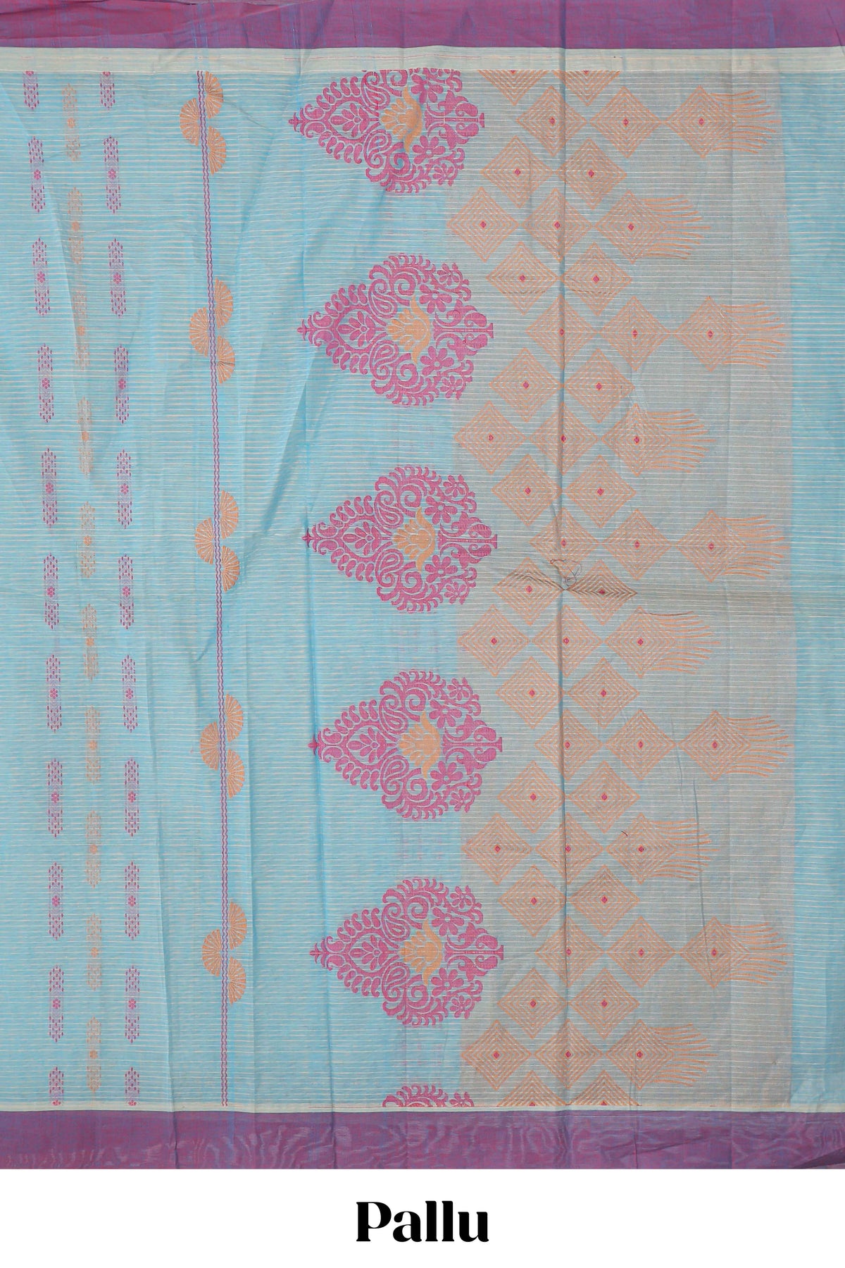 Light blue striped bengal cotton saree with contrast border and matching blouse