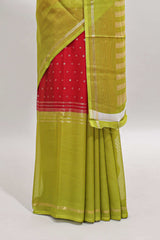 Red zari butta semi soft silk saree with contrast border and zari striped pallu