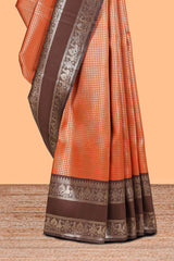 Rust orange zari checked design semi soft silk saree with contrast bentex zari border and pallu