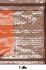 Rust orange zari checked design semi soft silk saree with contrast bentex zari border and pallu