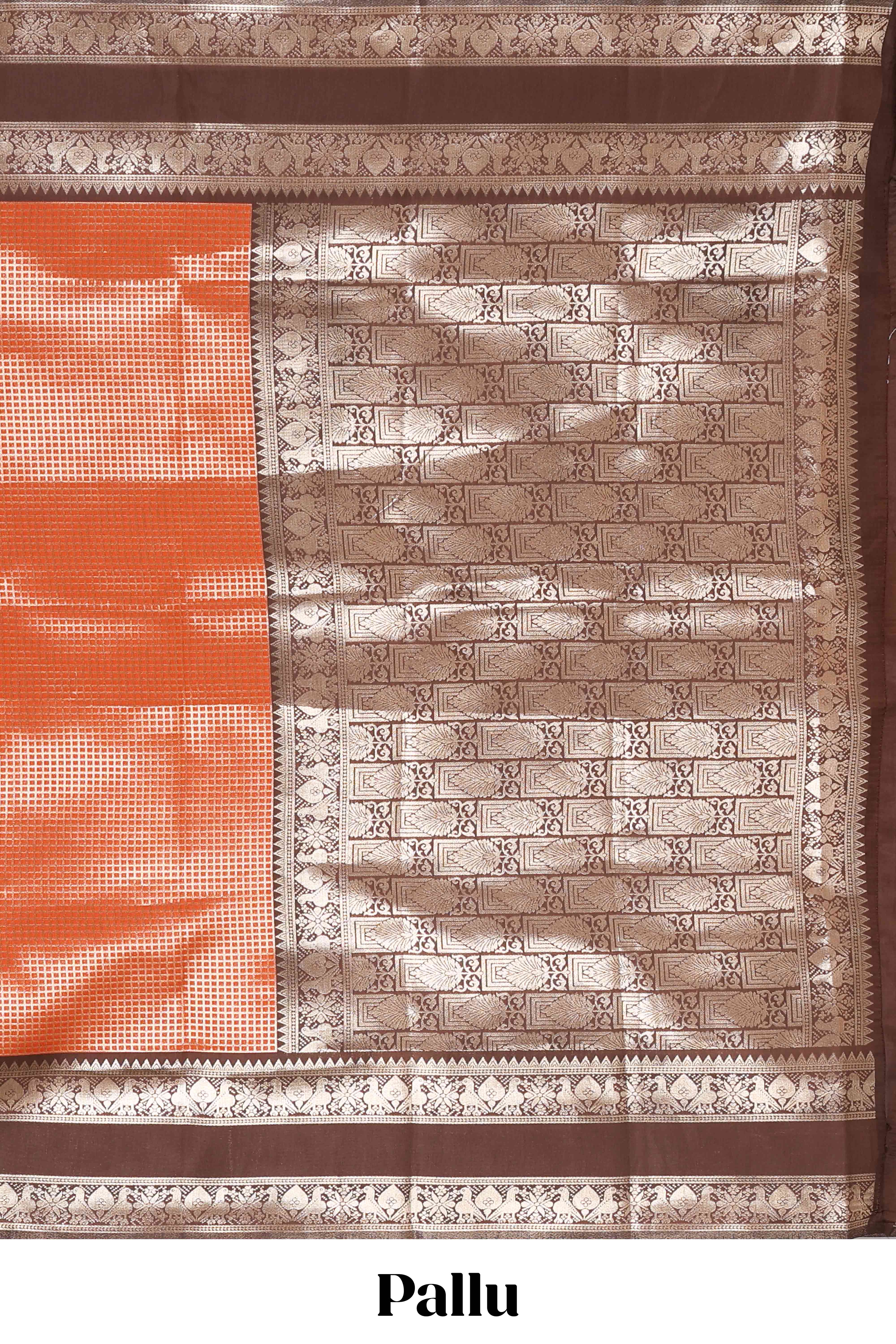 Rust orange zari checked design semi soft silk saree with contrast bentex zari border and pallu