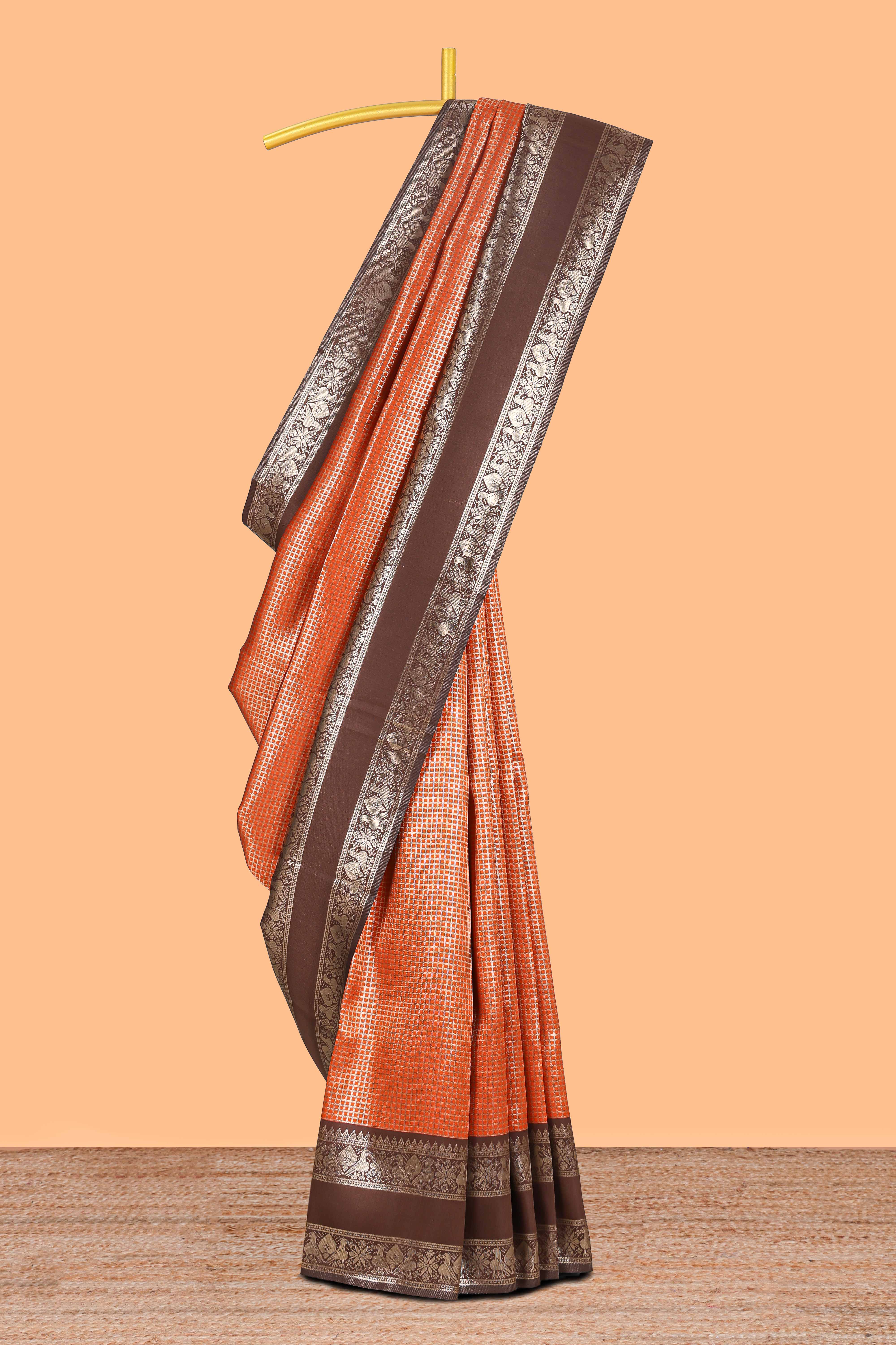 Rust orange zari checked design semi soft silk saree with contrast bentex zari border and pallu