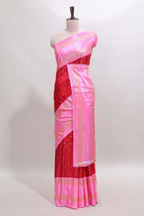 Red zari butta semi soft silk saree with contrast bentex border and zari striped pallu