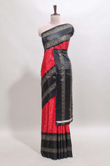 Red zari butta semi soft silk saree with contrast black bentex border and zari striped pallu