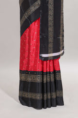 Red zari butta semi soft silk saree with contrast black bentex border and zari striped pallu