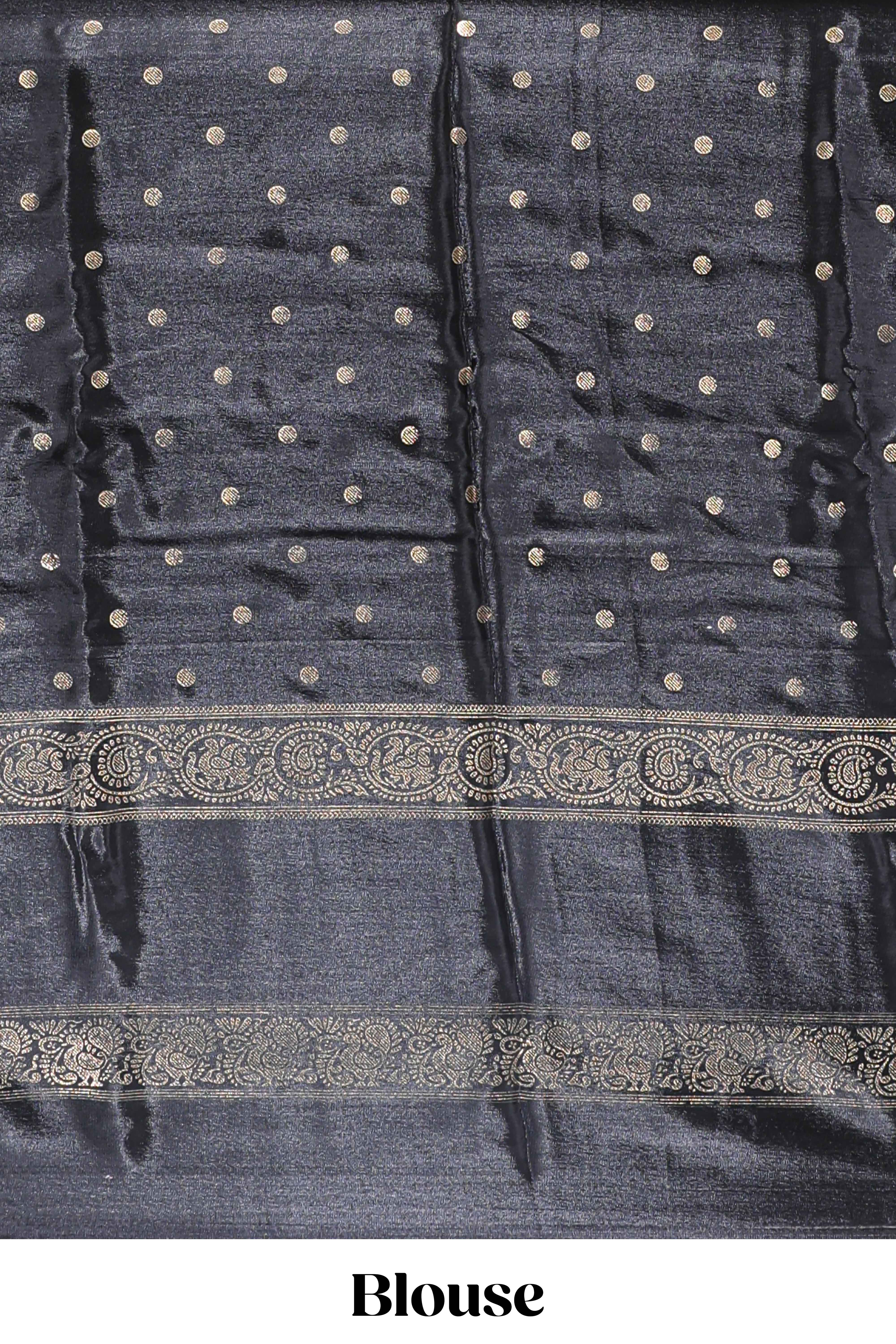 Red zari butta semi soft silk saree with contrast black bentex border and zari striped pallu