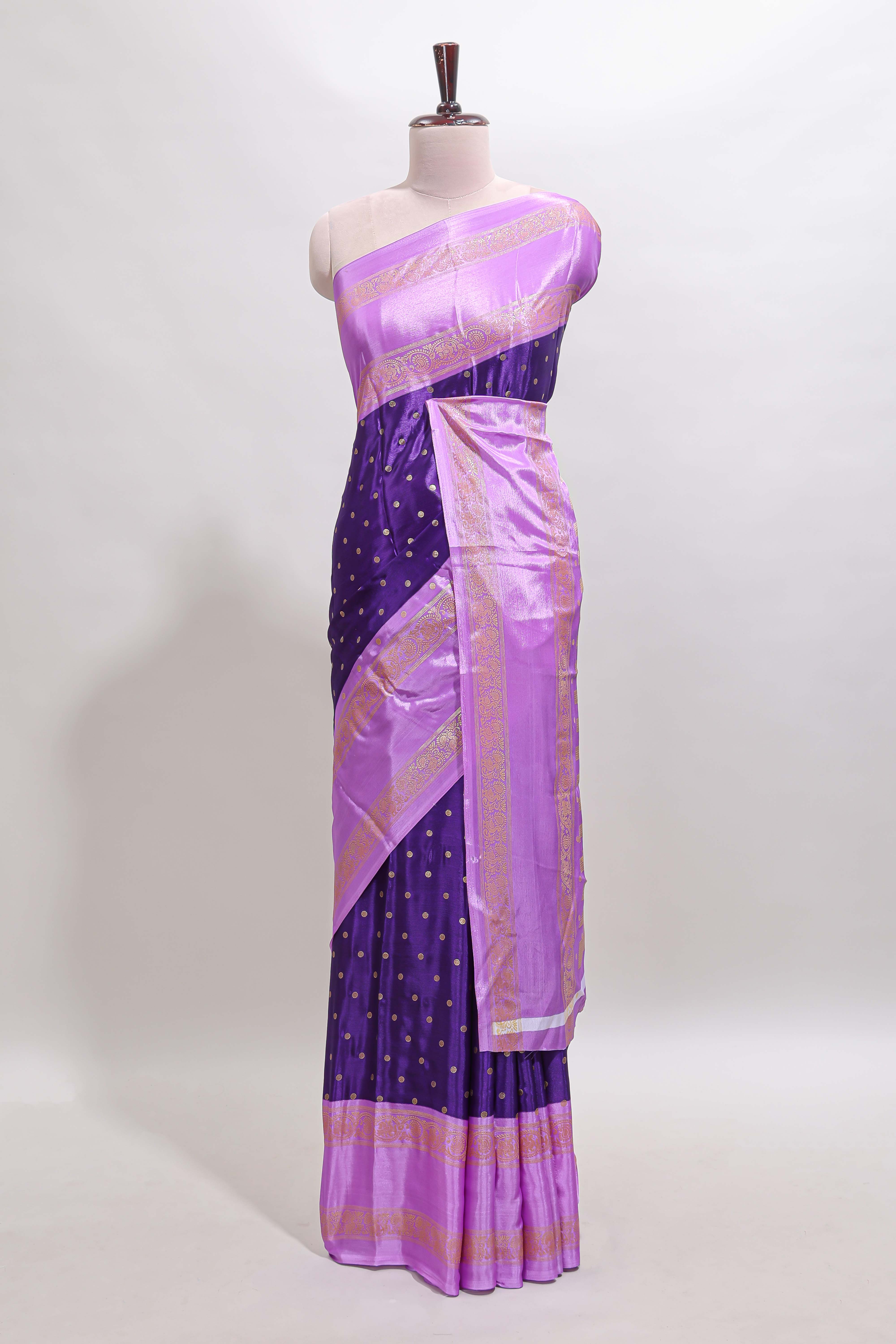 Violet zari butta semi soft silk saree with contrast bentex border and zari striped pallu
