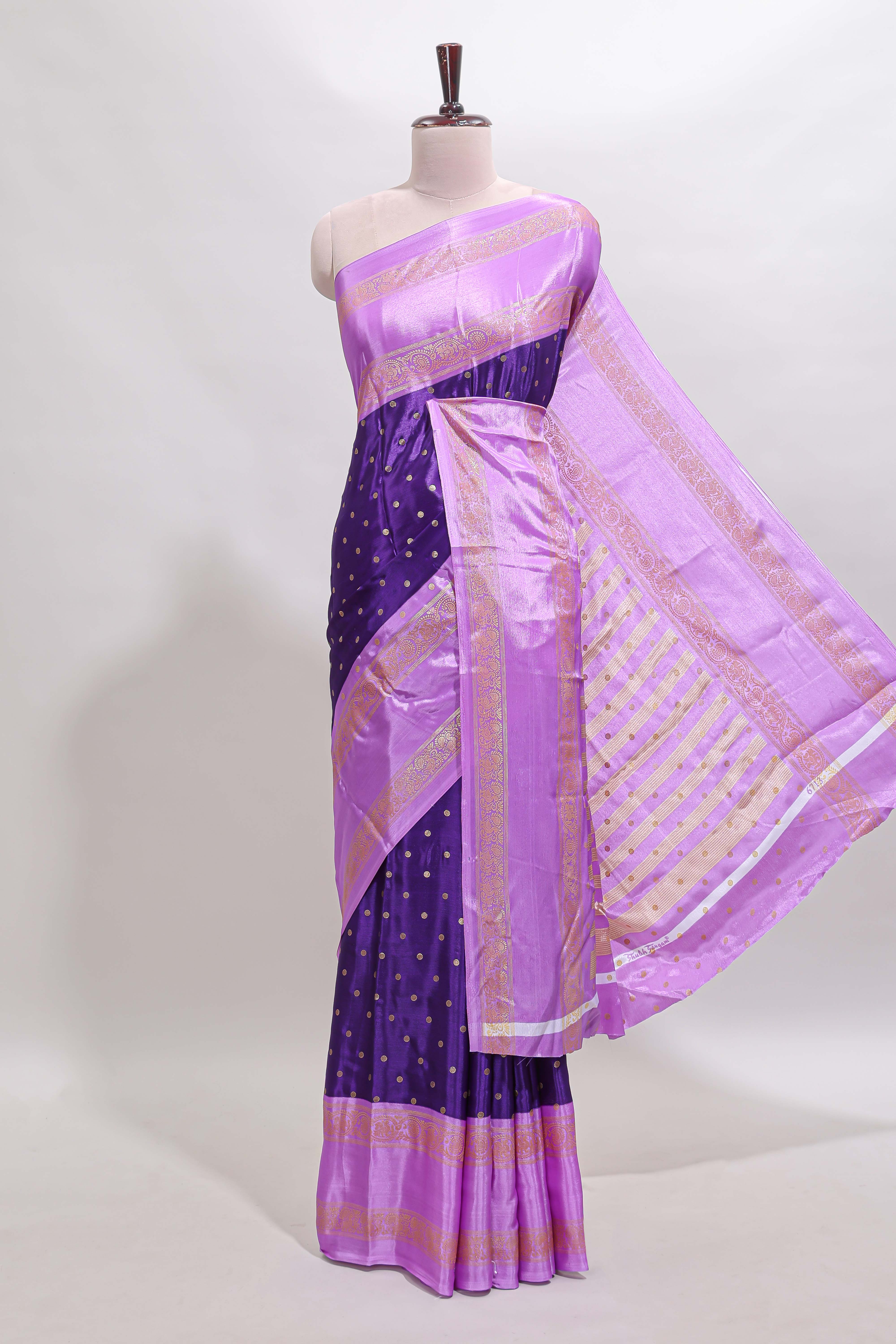 Violet zari butta semi soft silk saree with contrast bentex border and zari striped pallu