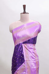 Violet zari butta semi soft silk saree with contrast bentex border and zari striped pallu