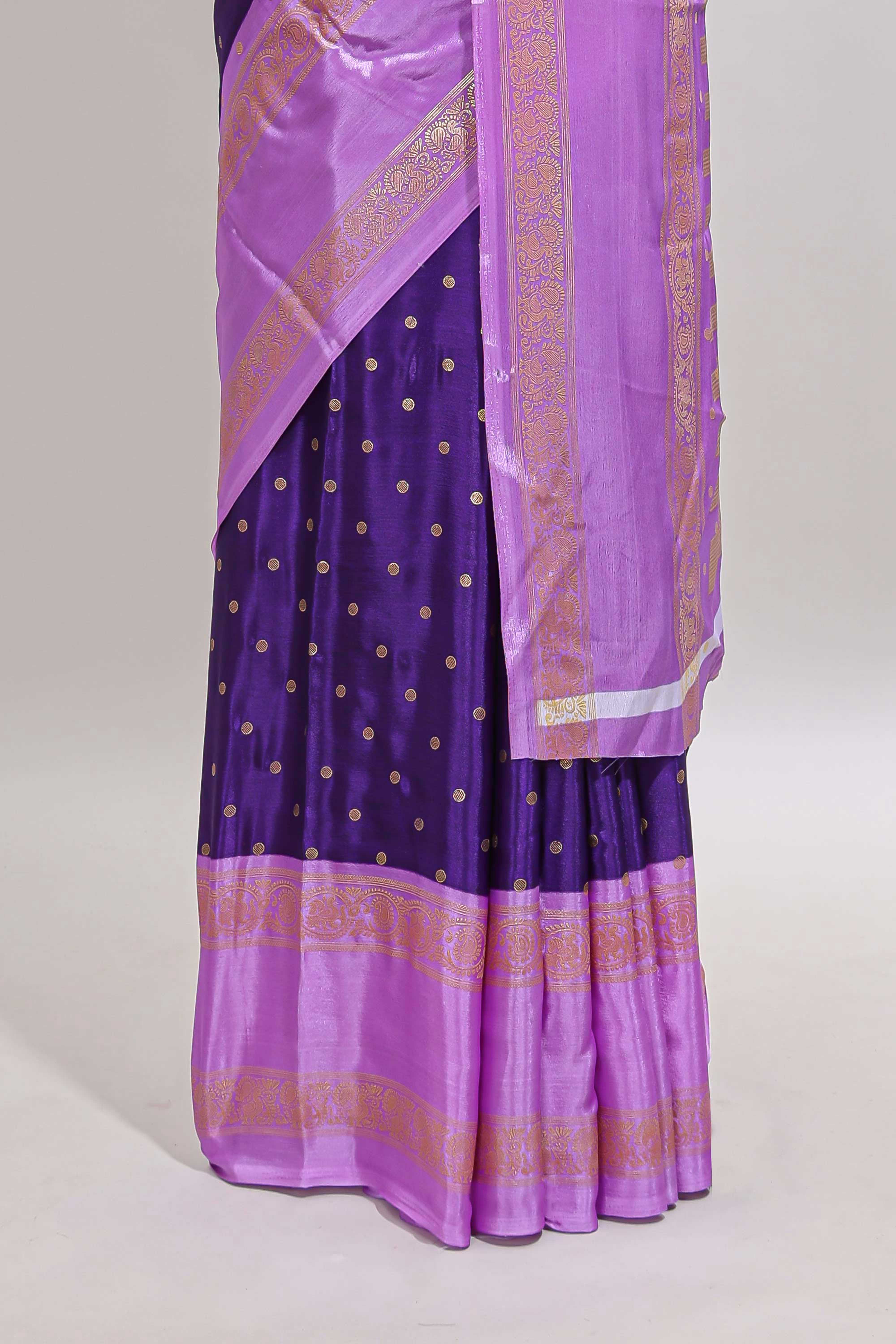Violet zari butta semi soft silk saree with contrast bentex border and zari striped pallu
