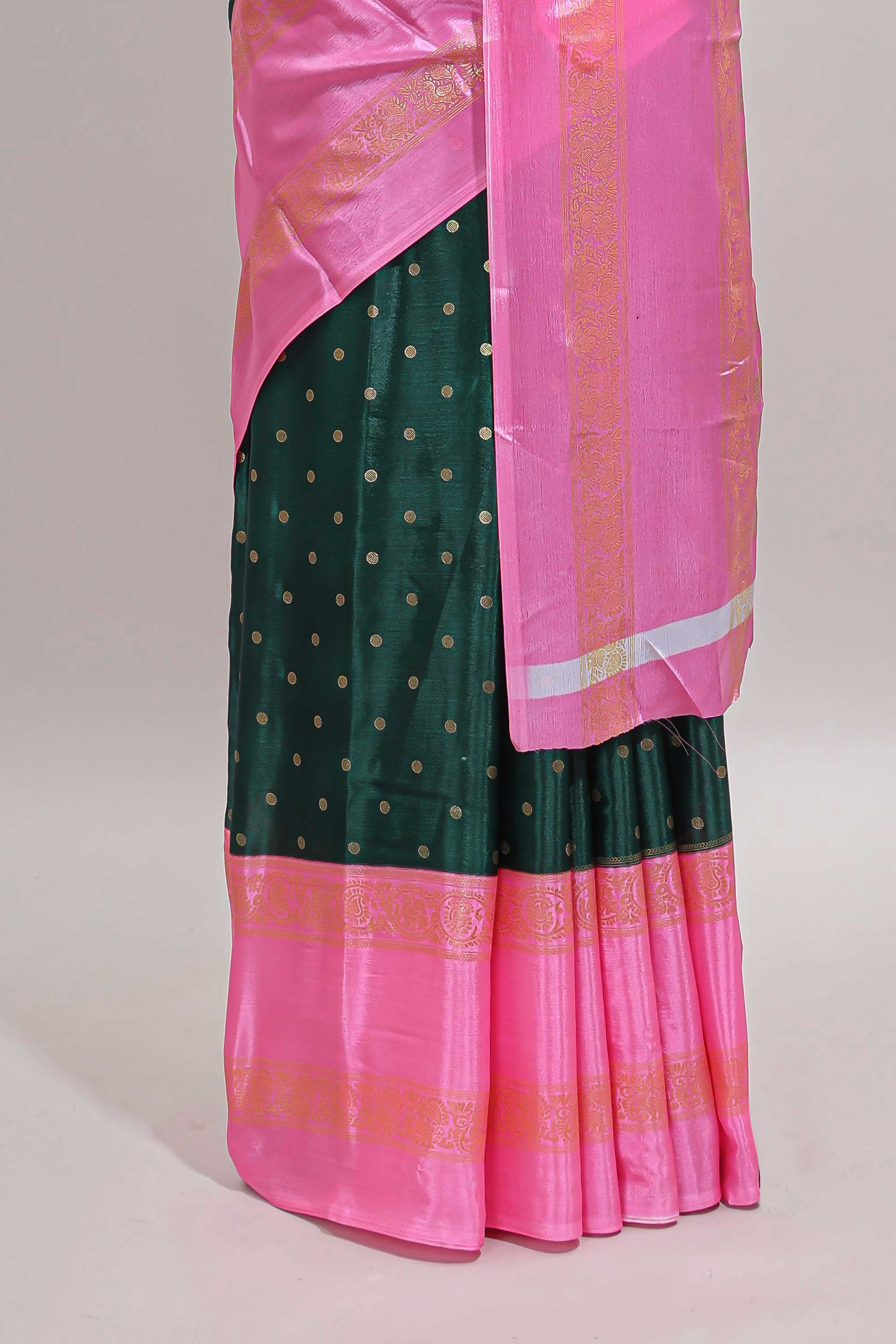 Bottel green zari butta semi soft silk saree with contrast bentex border and zari striped pallu