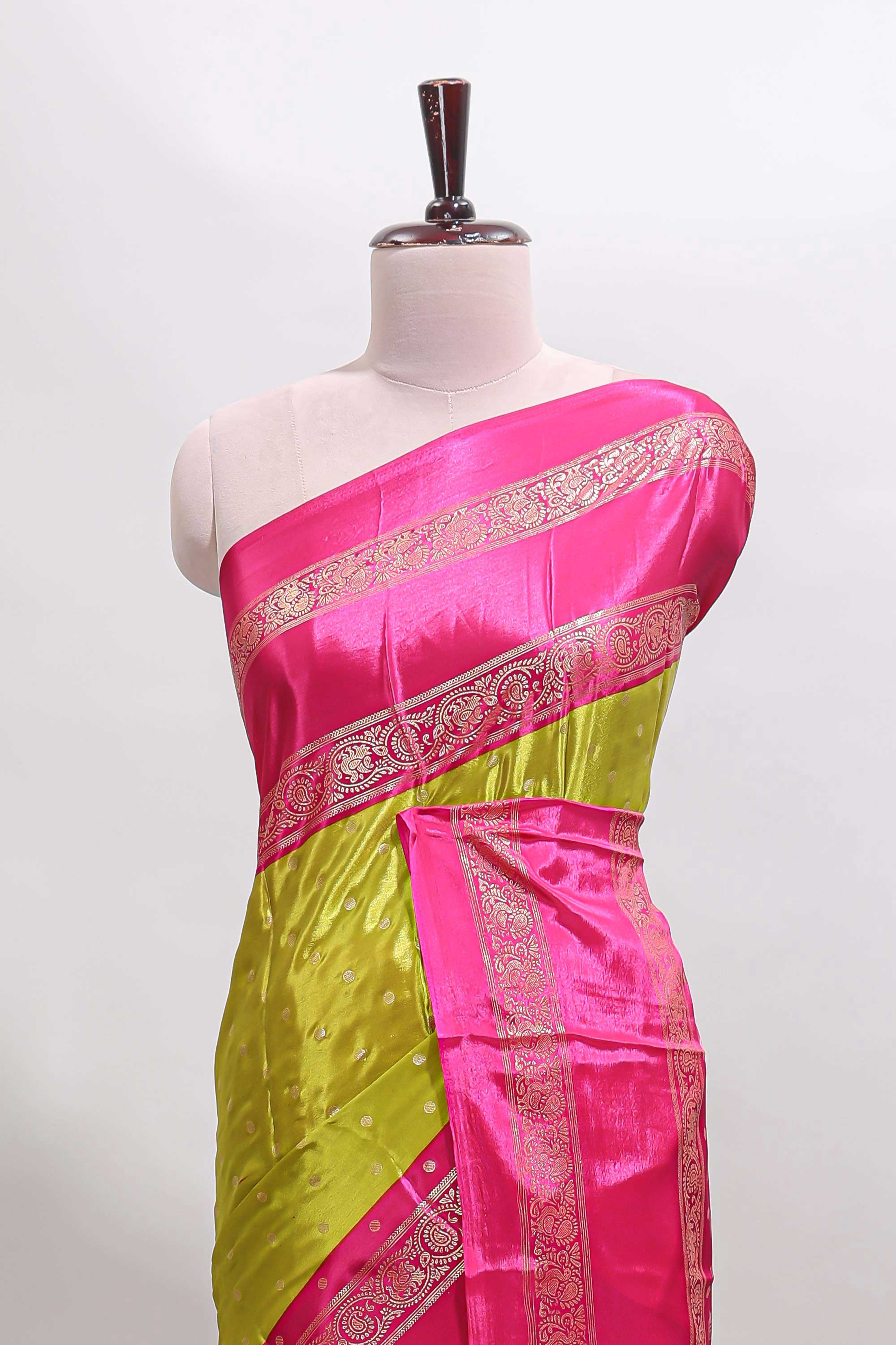 Lime green zari butta semi soft silk saree with contrast bentex border and zari striped pallu