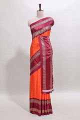 Orange zari butta semi soft silk saree with contrast bentex border and zari striped pallu