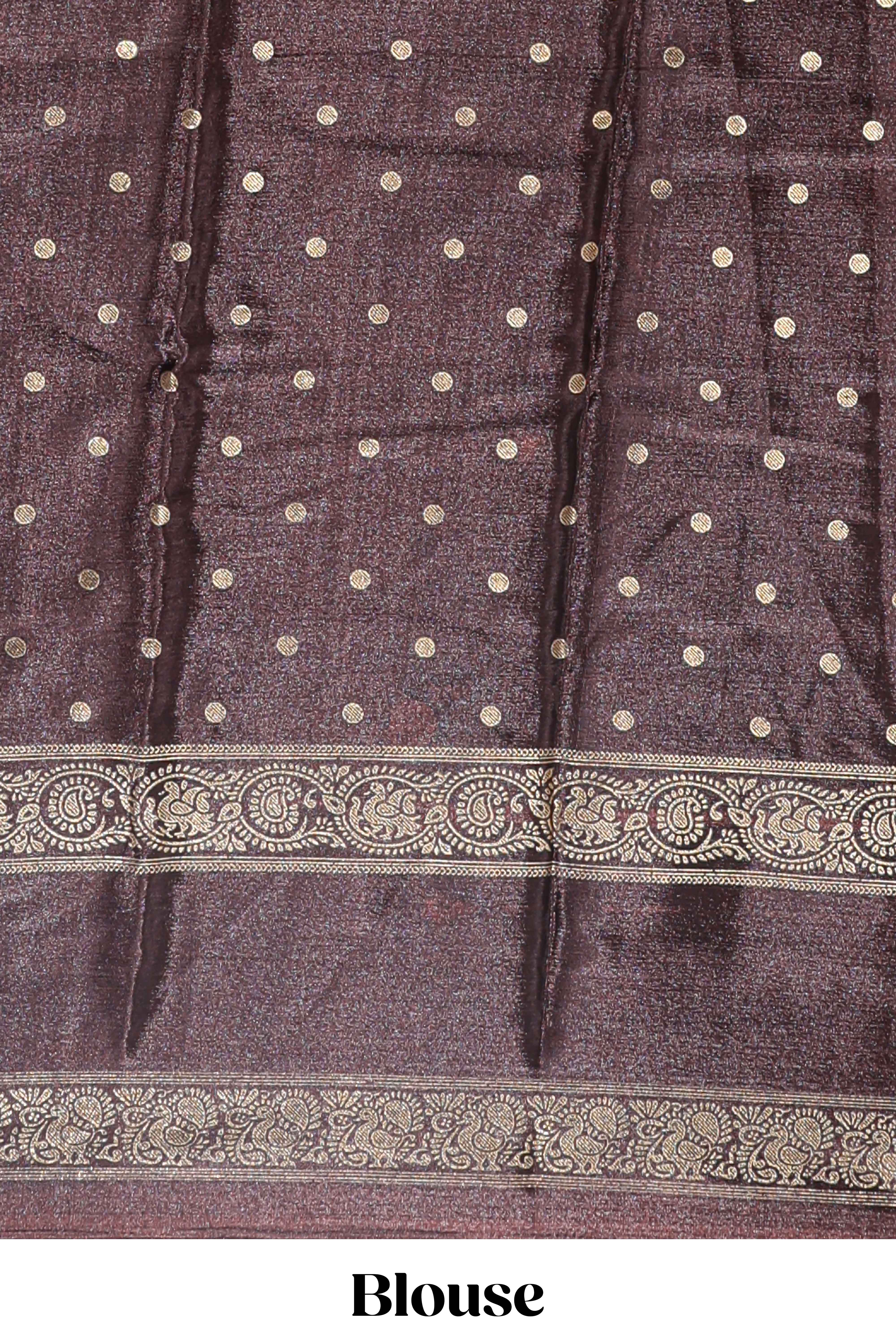 Deep orange zari butta semi soft silk saree with contrast bentex border and zari striped pallu