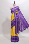 Yellow zari butta semi soft silk saree with contrast bentex border and zari striped pallu
