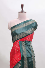 Red zari butta semi soft silk saree with contrast green bentex border and zari striped pallu